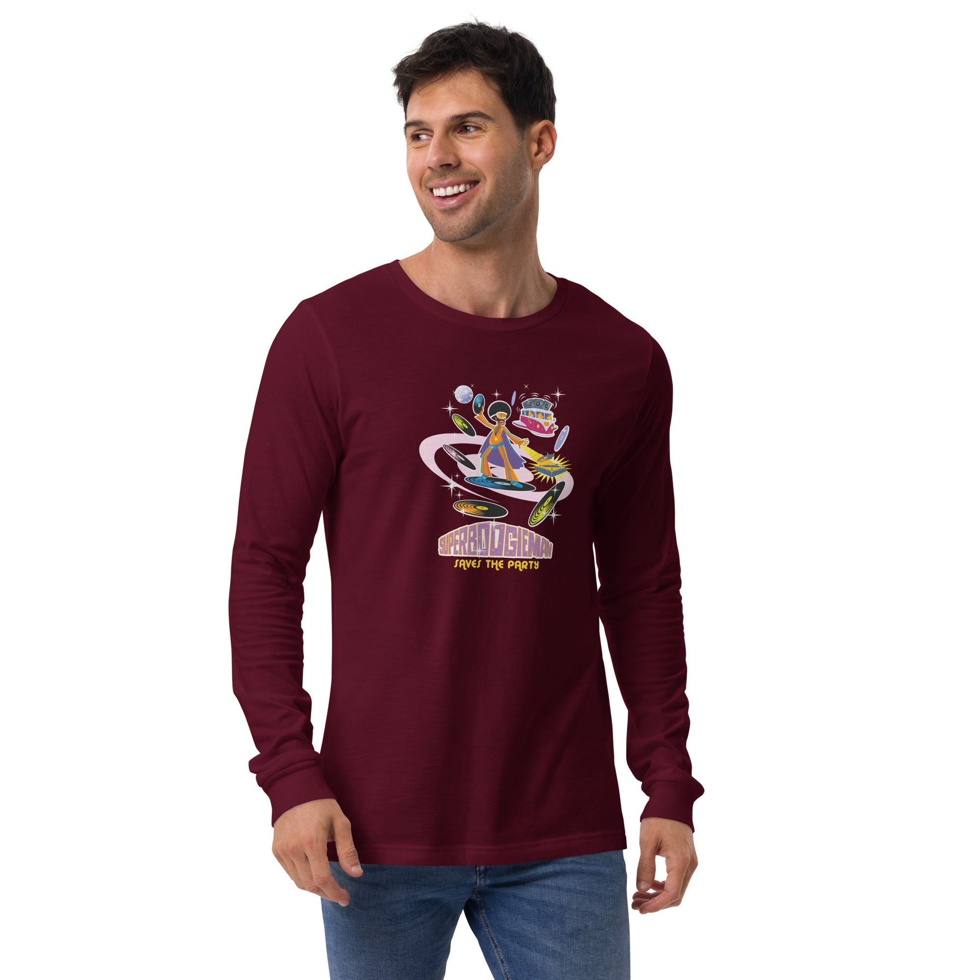 Unisex Long Sleeve Tee Superboogieman Saves the Party (front & back)
