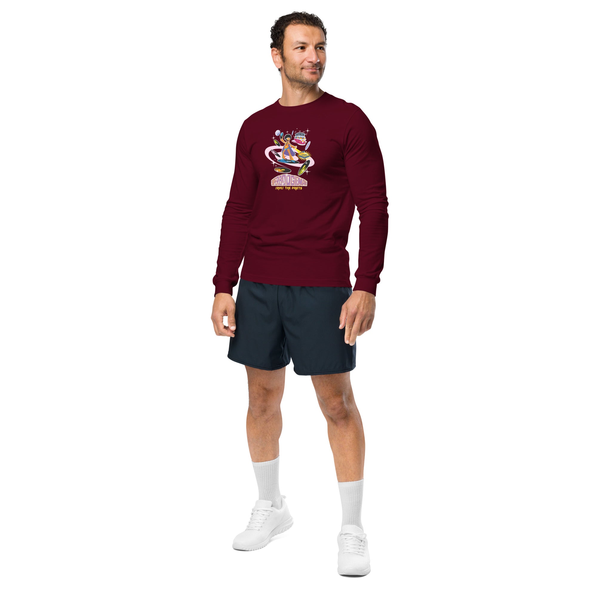 Unisex Long Sleeve Tee Superboogieman Saves the Party (front & back)