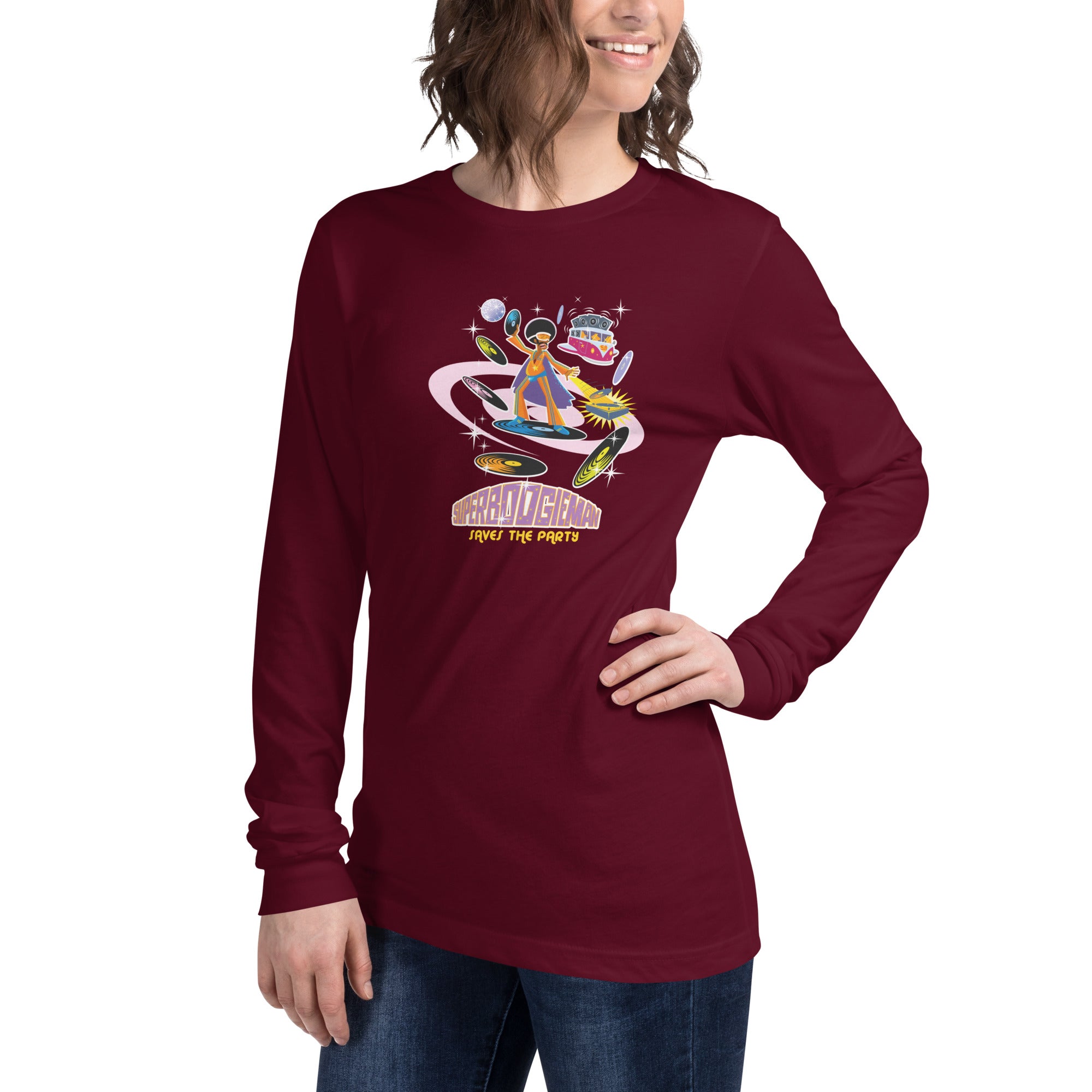 Unisex Long Sleeve Tee Superboogieman Saves the Party (front & back)