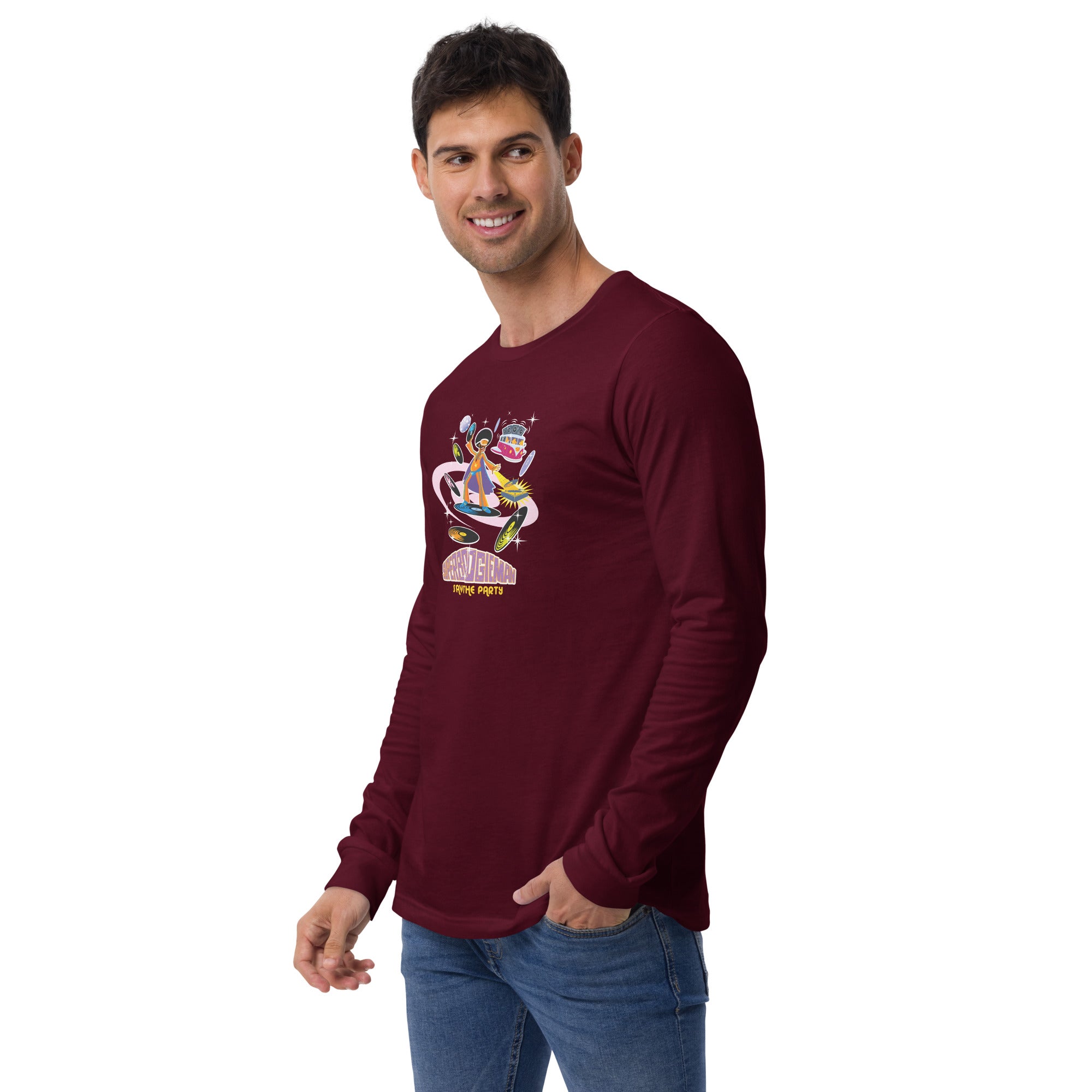 Unisex Long Sleeve Tee Superboogieman Saves the Party (front & back)
