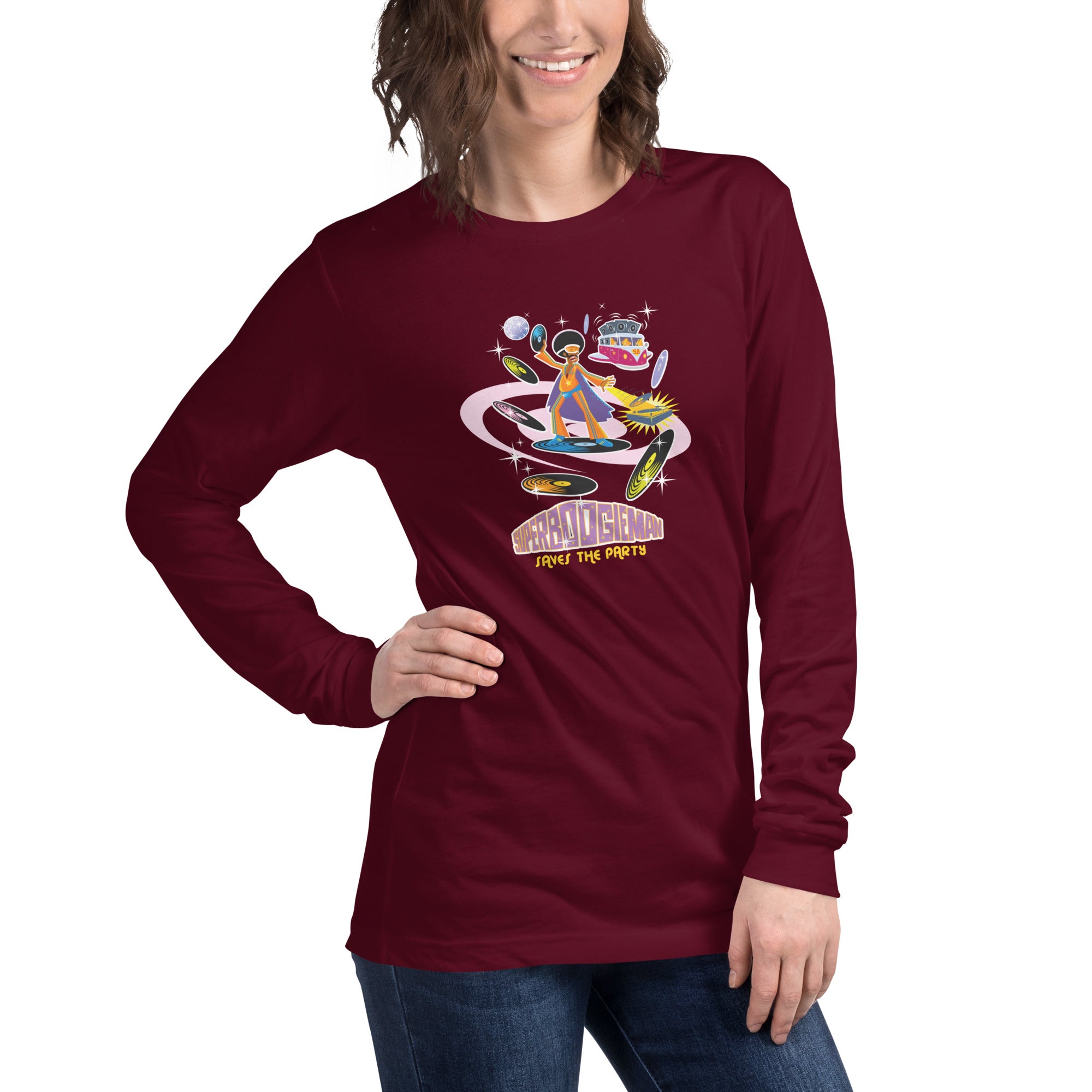 Unisex Long Sleeve Tee Superboogieman Saves the Party (front & back)