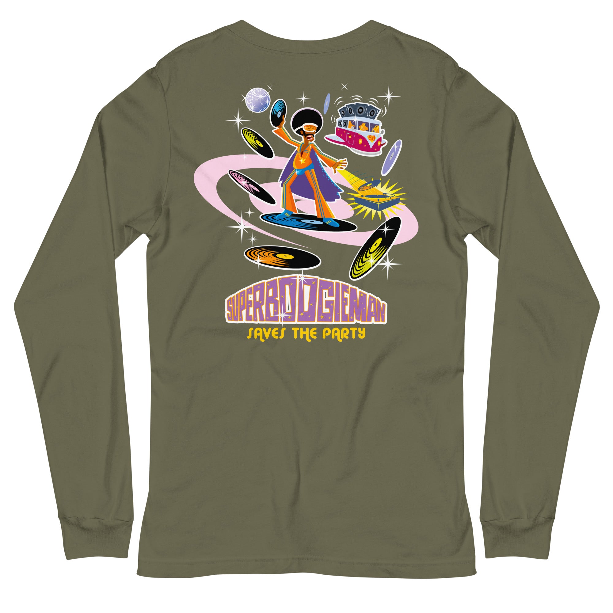 Unisex Long Sleeve Tee Superboogieman Saves the Party (front & back)