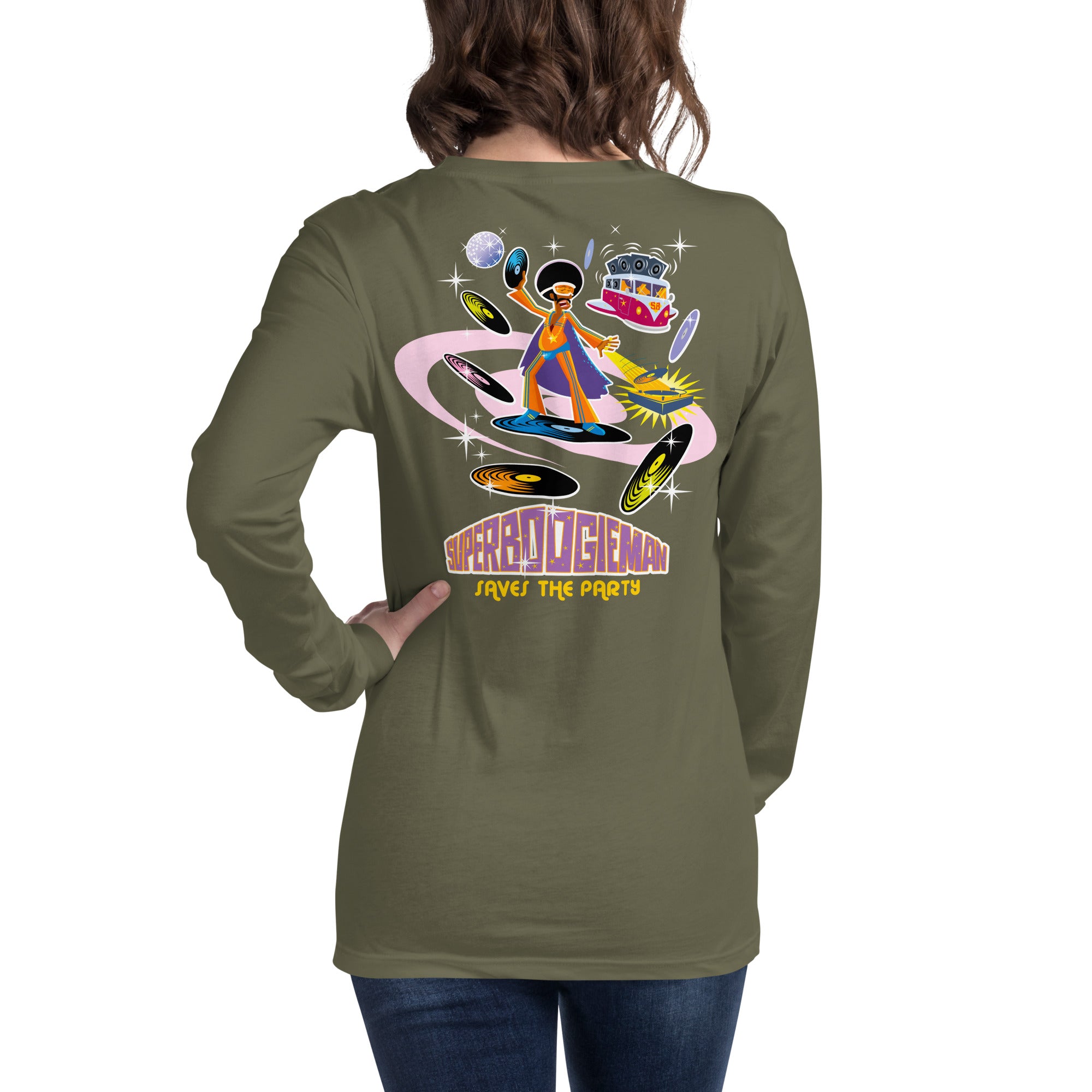 Unisex Long Sleeve Tee Superboogieman Saves the Party (front & back)