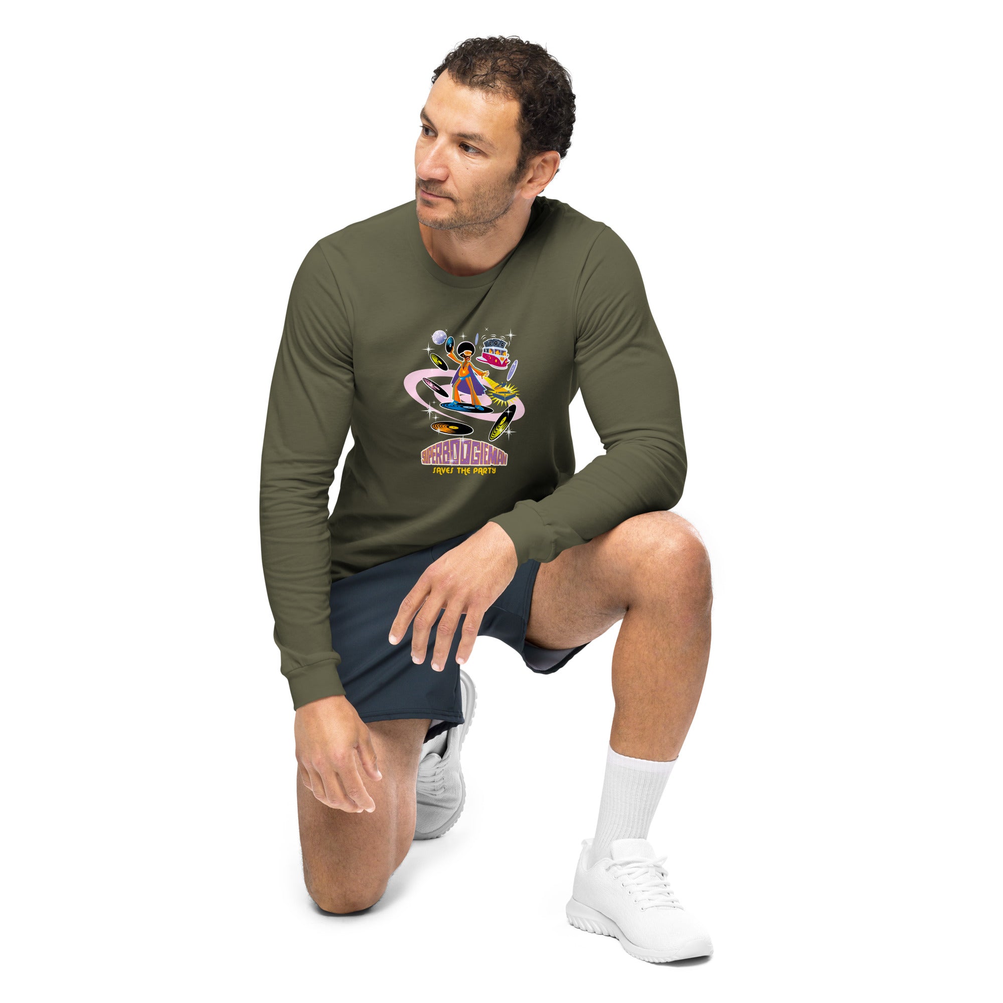 Unisex Long Sleeve Tee Superboogieman Saves the Party (front & back)