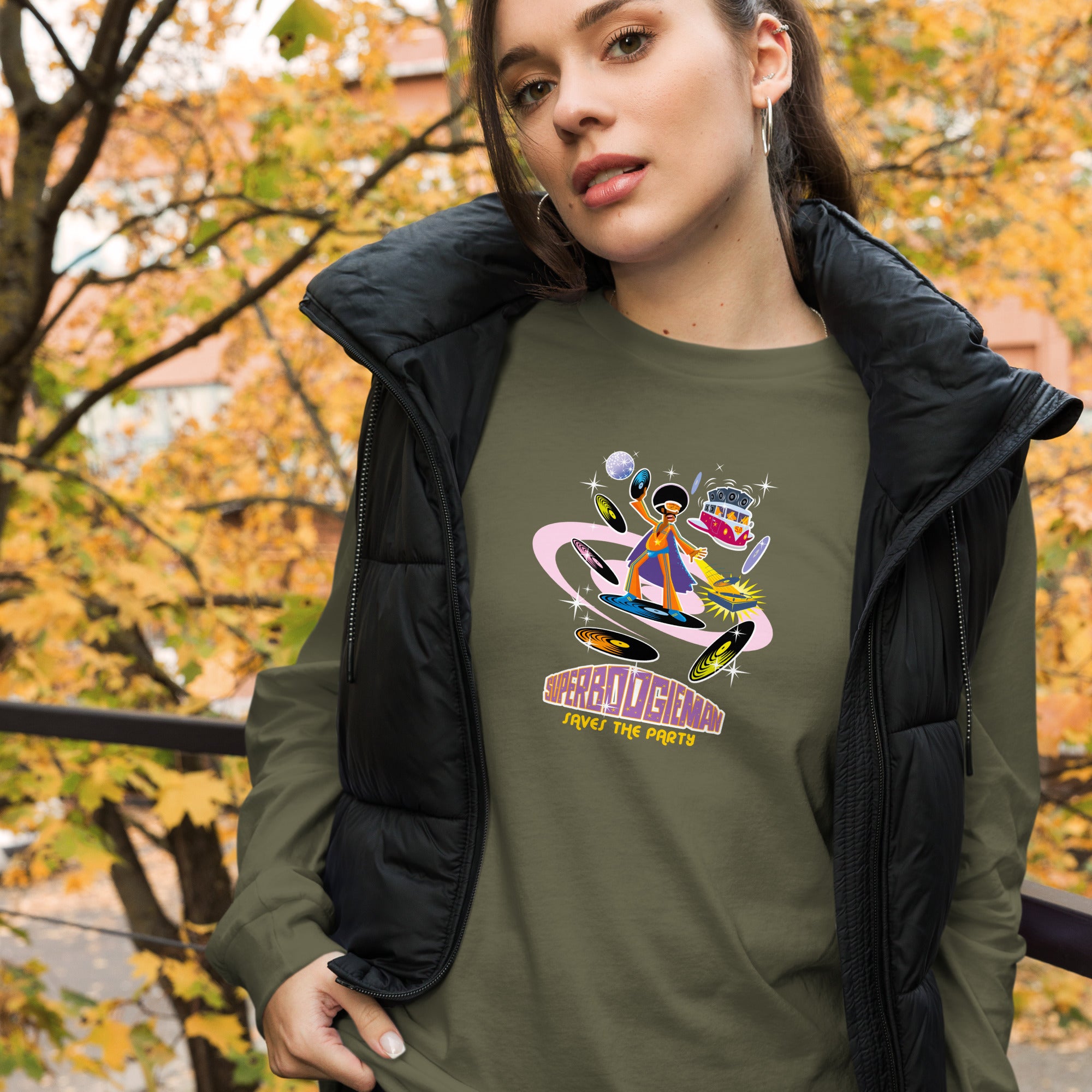 Unisex Long Sleeve Tee Superboogieman Saves the Party (front & back)