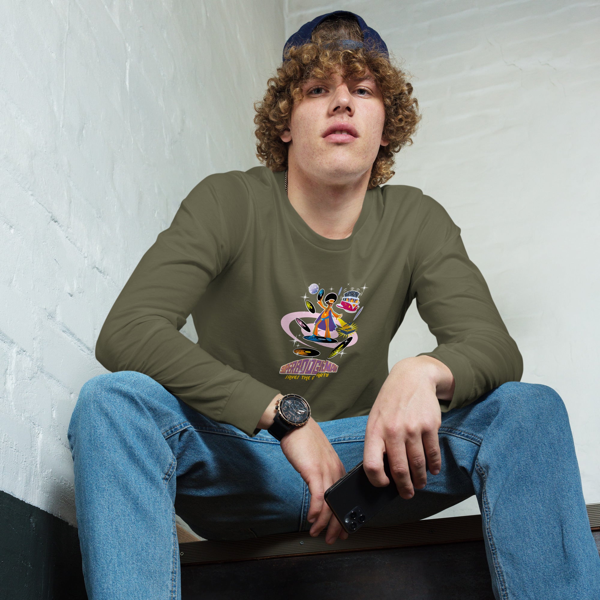 Unisex Long Sleeve Tee Superboogieman Saves the Party (front & back)