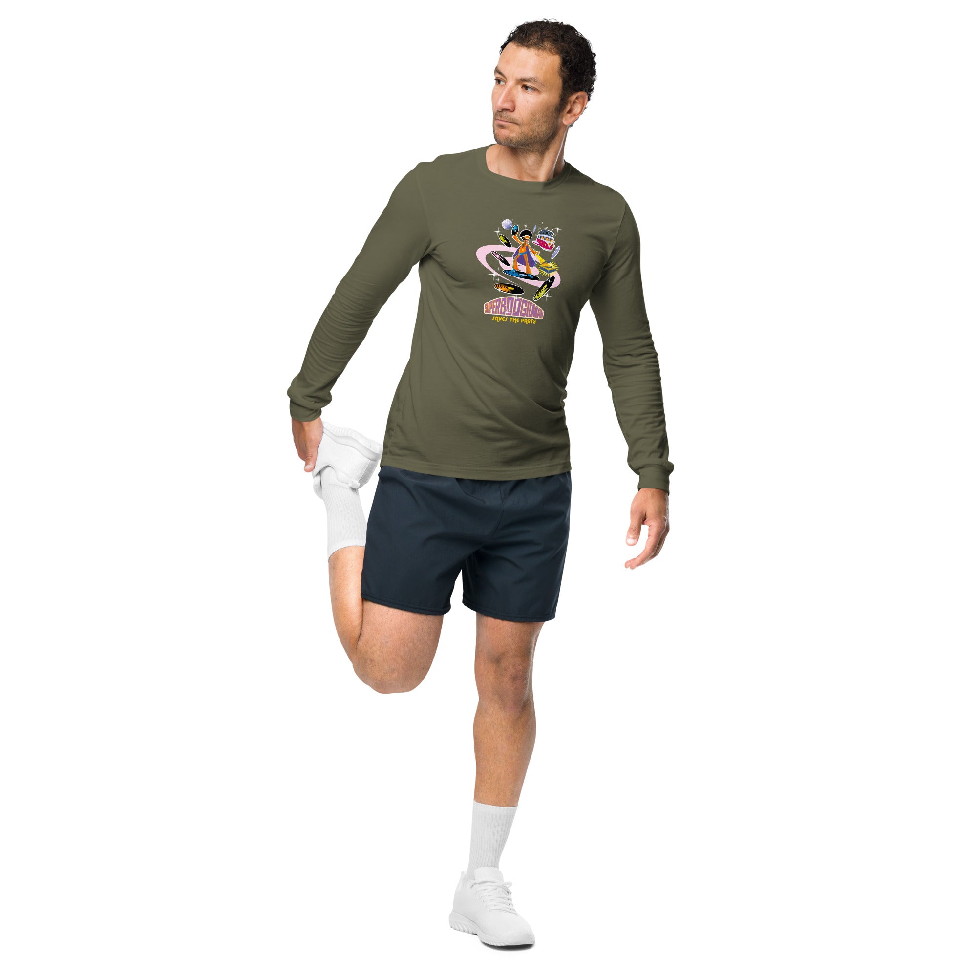 Unisex Long Sleeve Tee Superboogieman Saves the Party (front & back)
