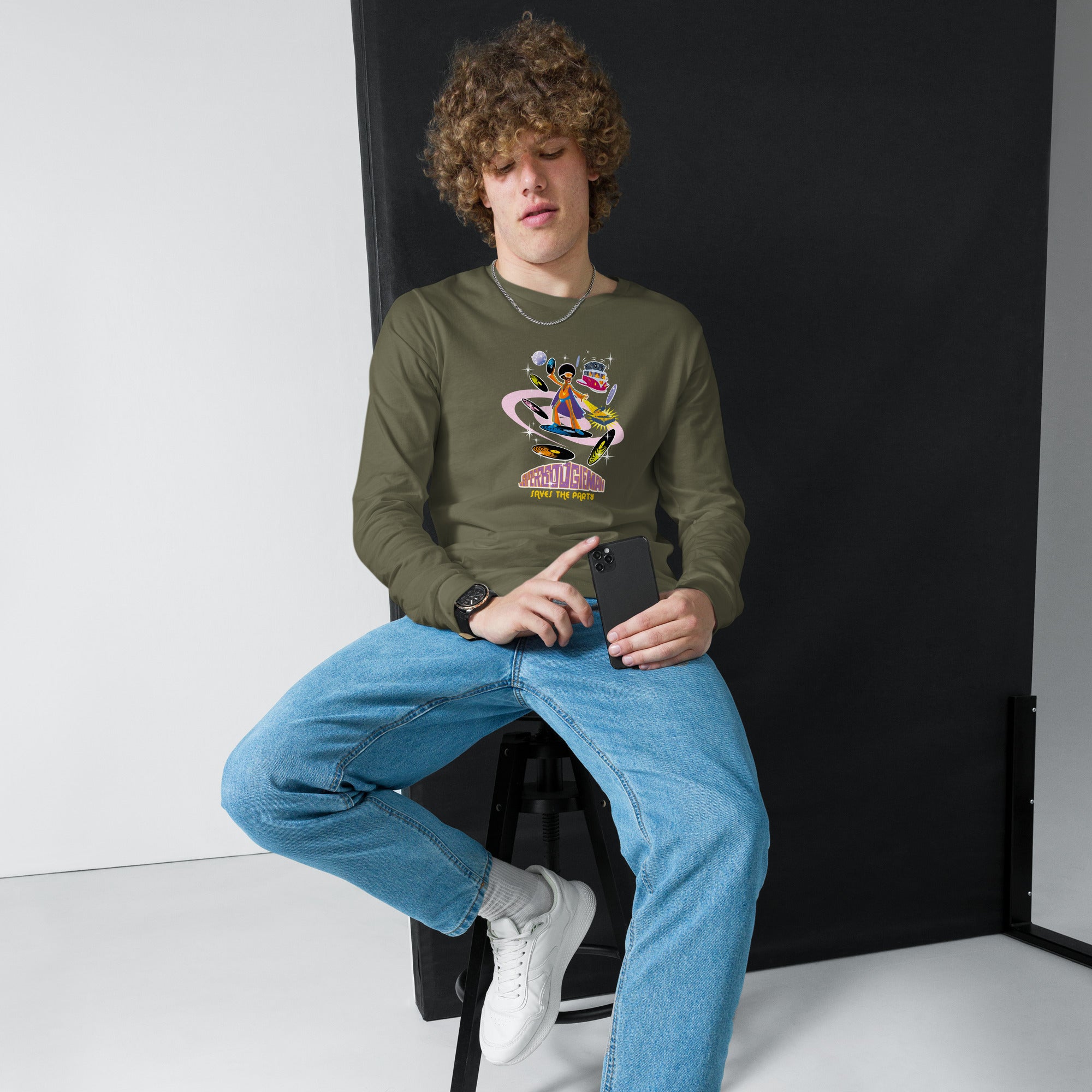 Unisex Long Sleeve Tee Superboogieman Saves the Party (front & back)
