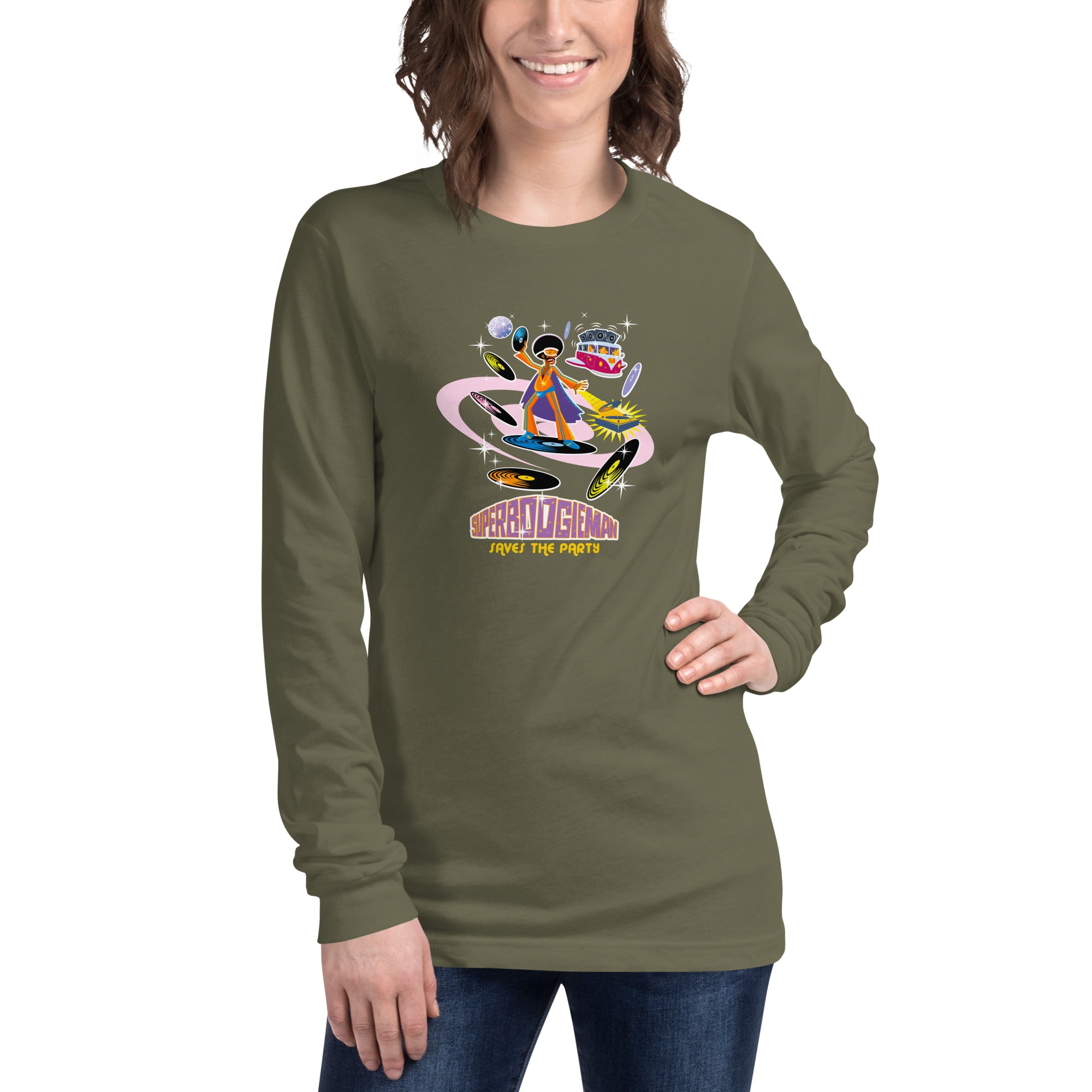 Unisex Long Sleeve Tee Superboogieman Saves the Party (front & back)