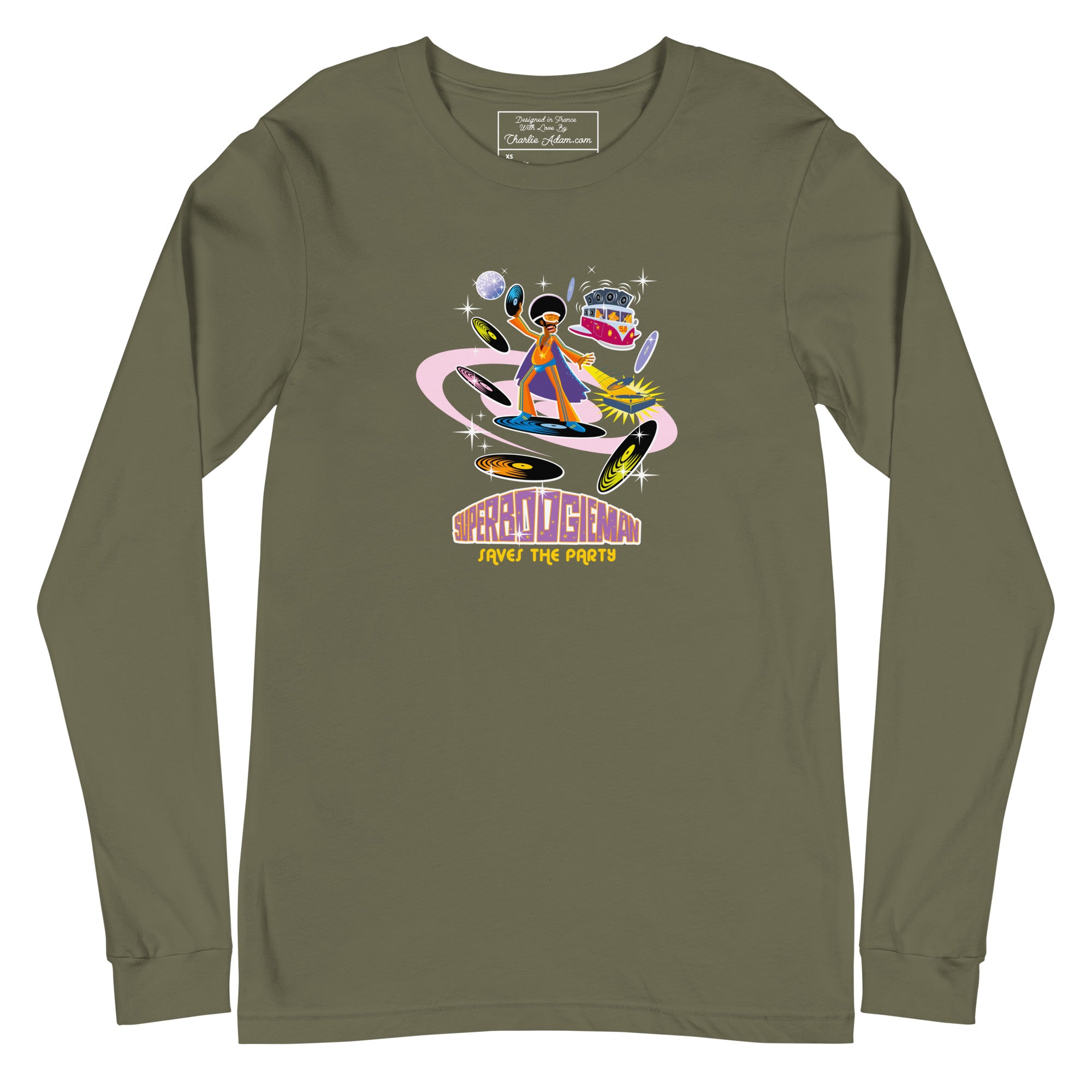 Unisex Long Sleeve Tee Superboogieman Saves the Party (front & back)