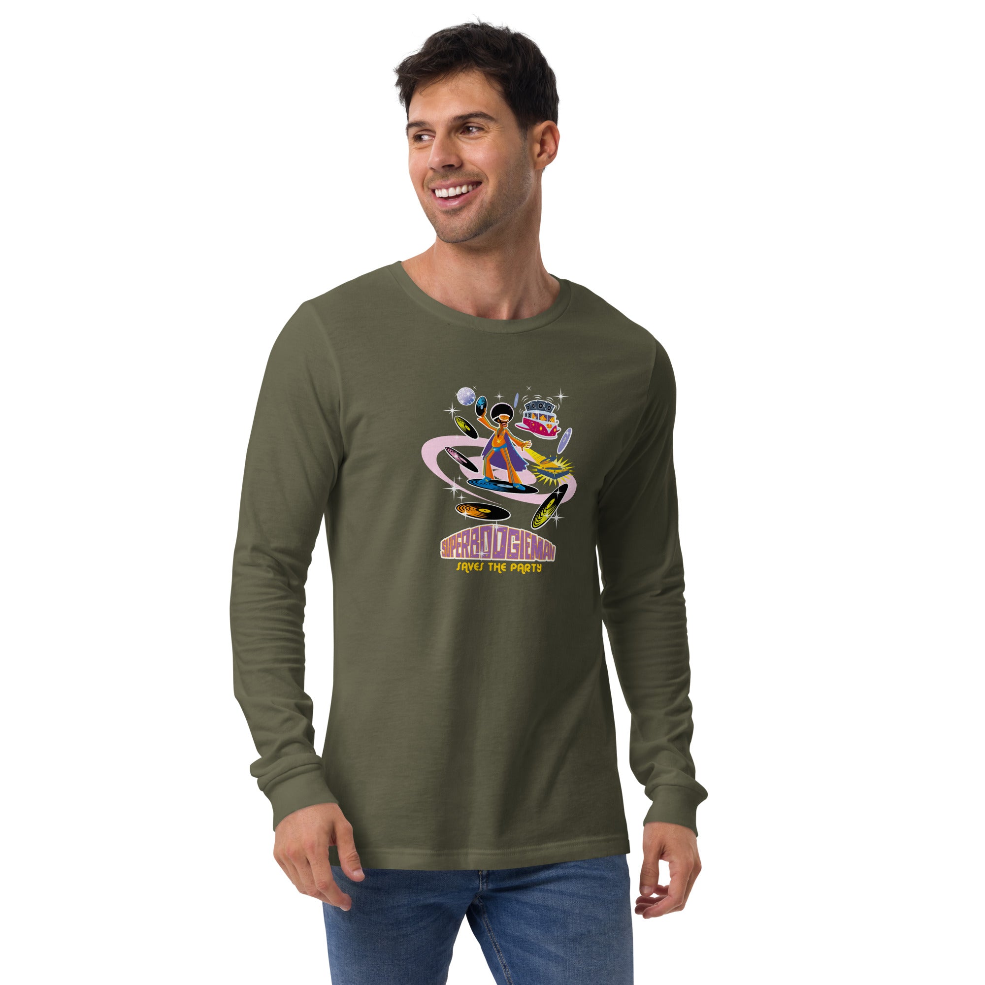 Unisex Long Sleeve Tee Superboogieman Saves the Party (front & back)