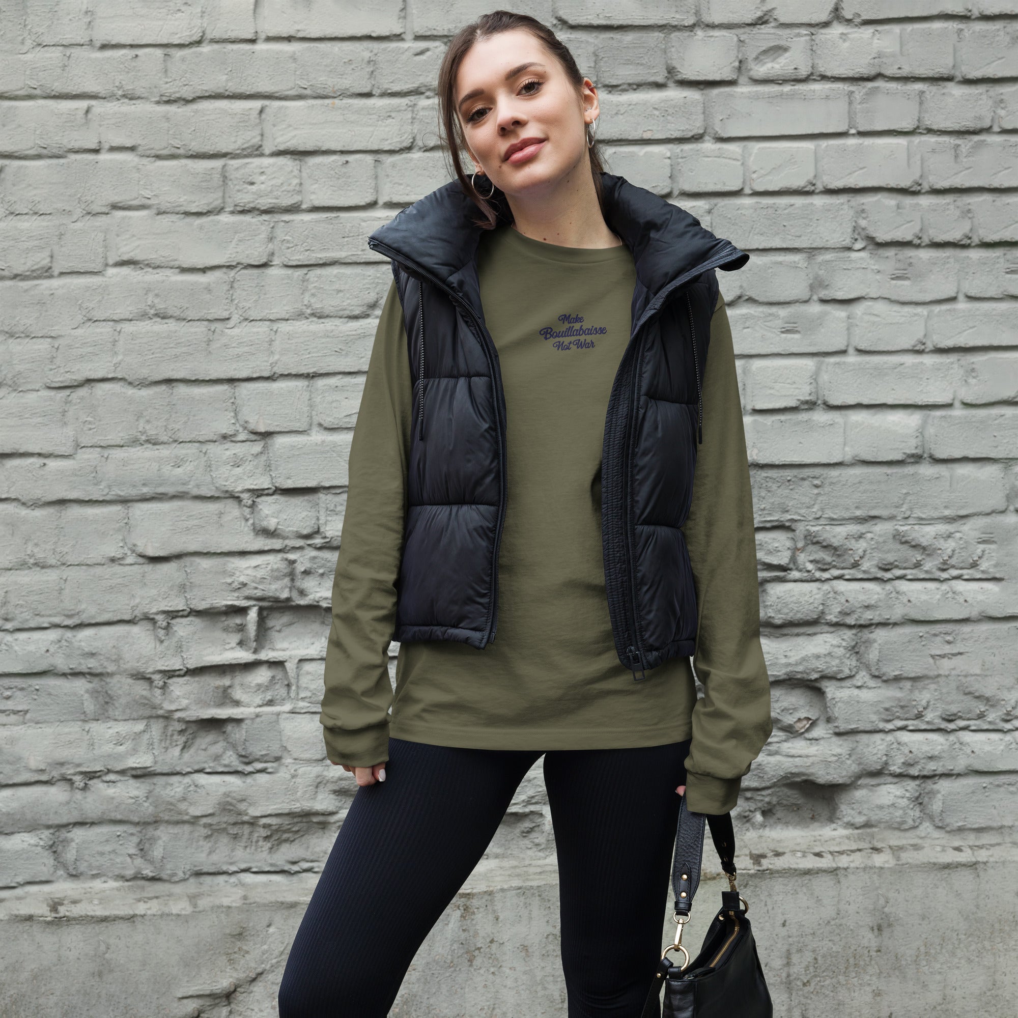 T-shirt unisexe à manches longues Make Bouillabaisse Not War brodé navy