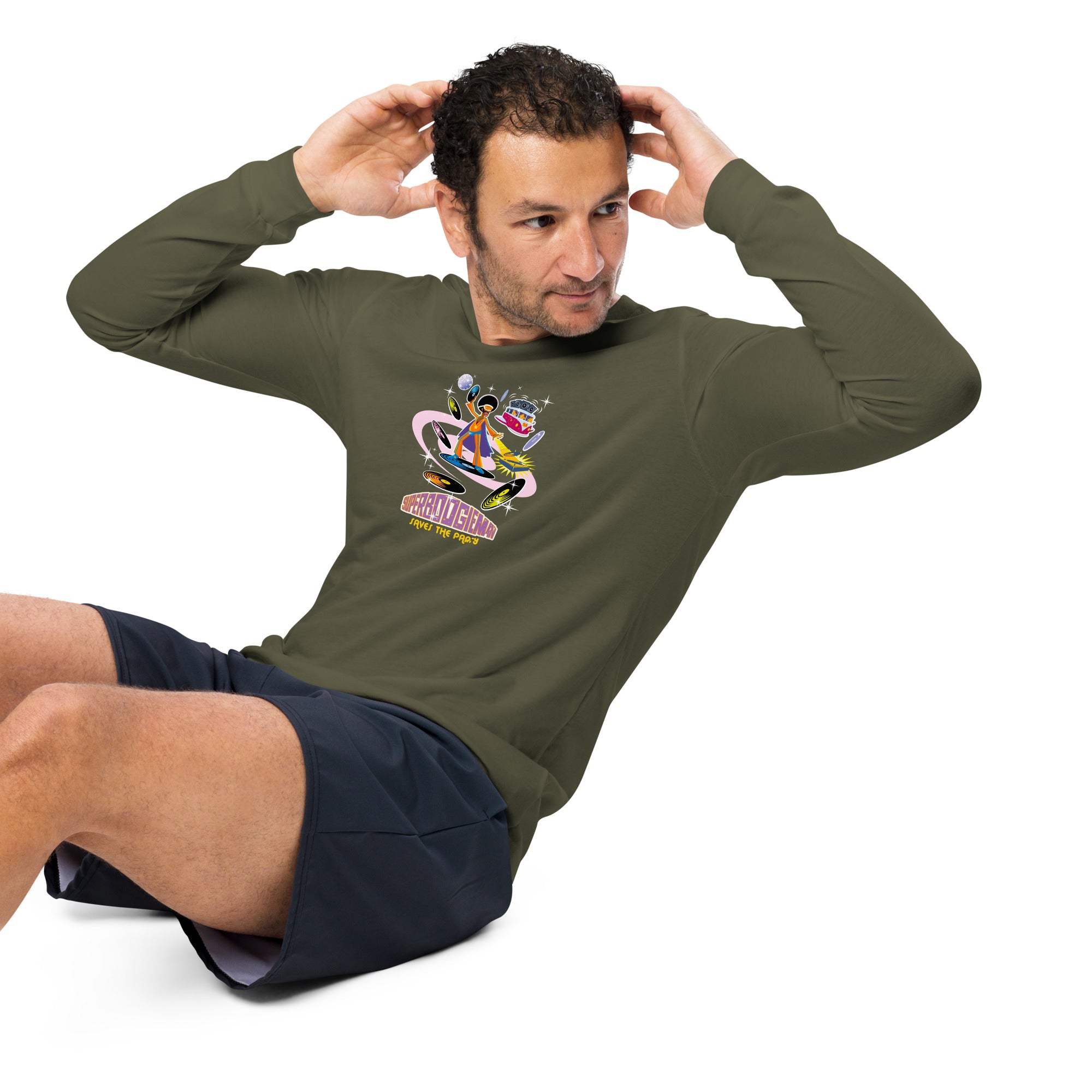 Unisex Long Sleeve Tee Superboogieman Saves the Party (front & back)