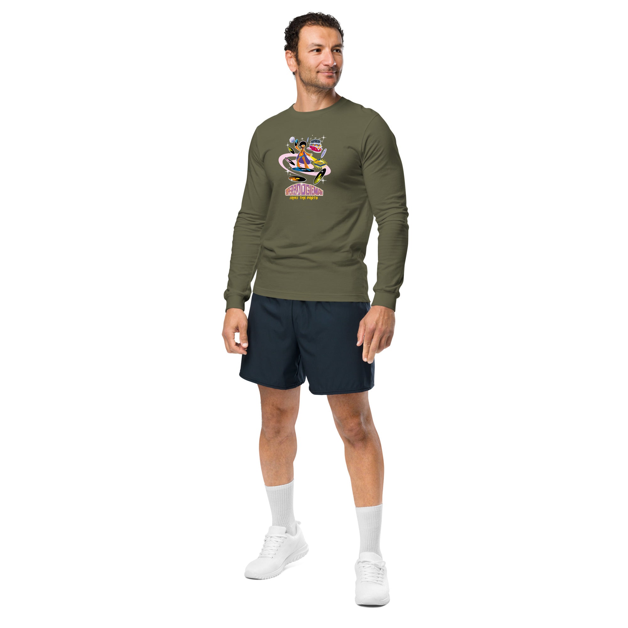 Unisex Long Sleeve Tee Superboogieman Saves the Party (front & back)
