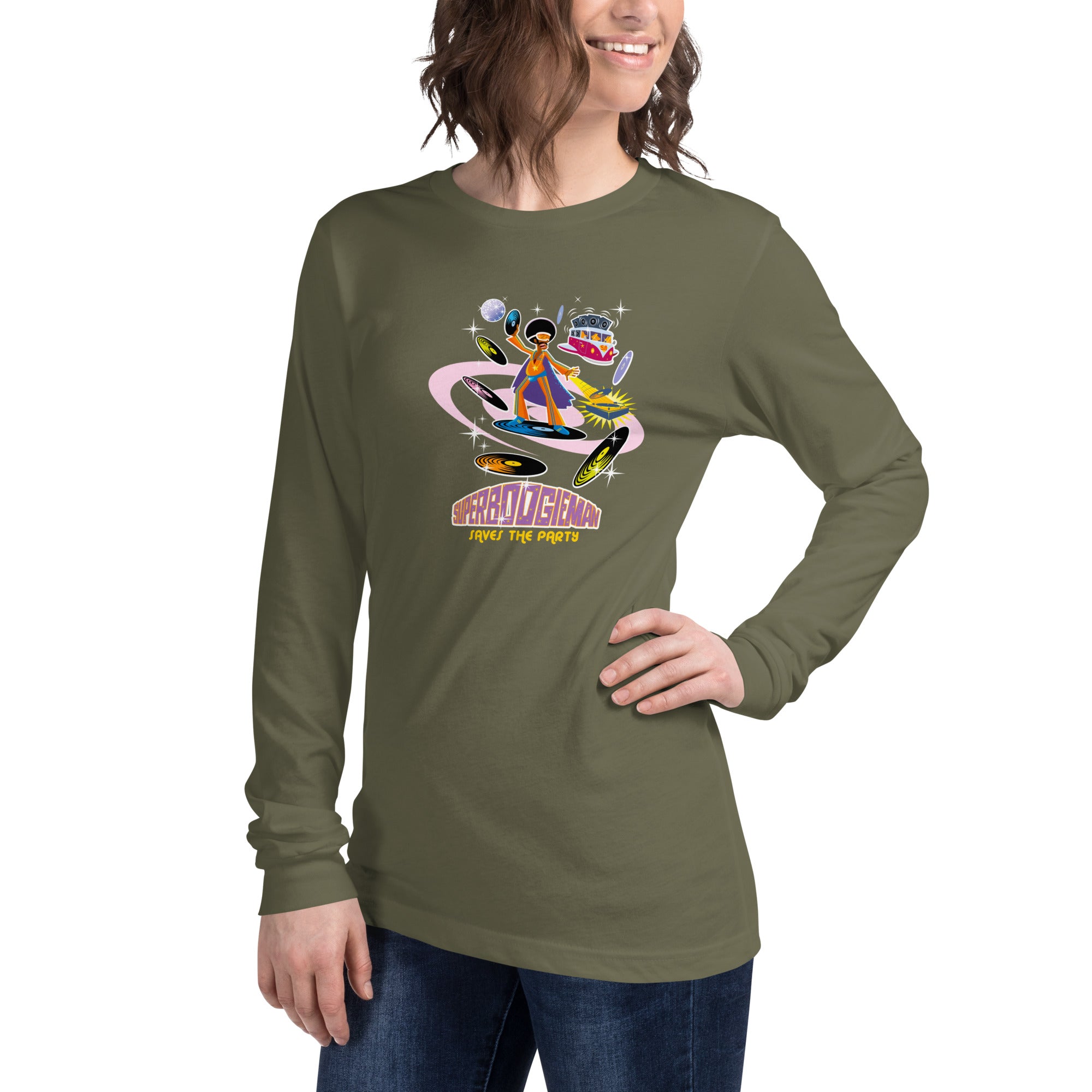Unisex Long Sleeve Tee Superboogieman Saves the Party (front & back)