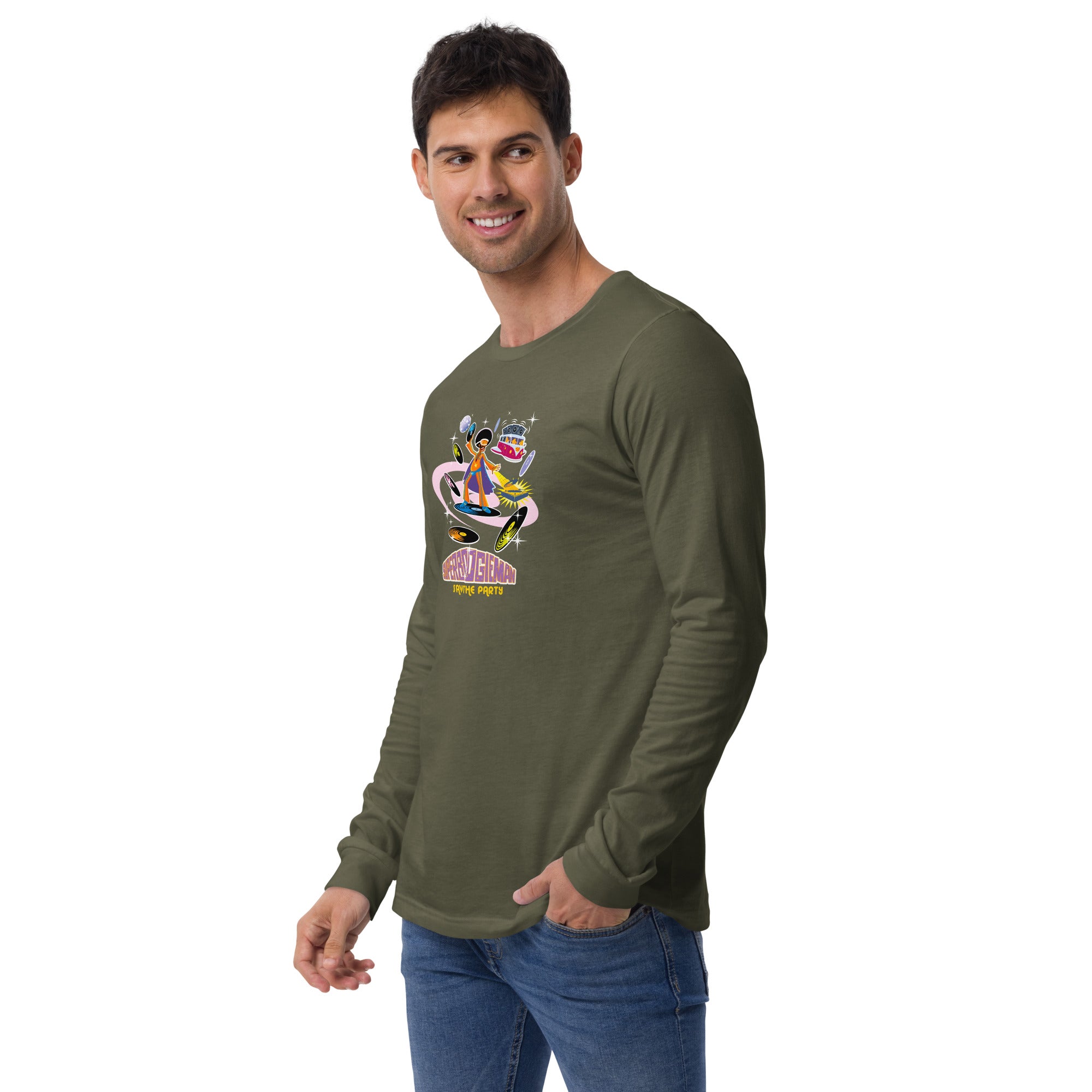 Unisex Long Sleeve Tee Superboogieman Saves the Party (front & back)
