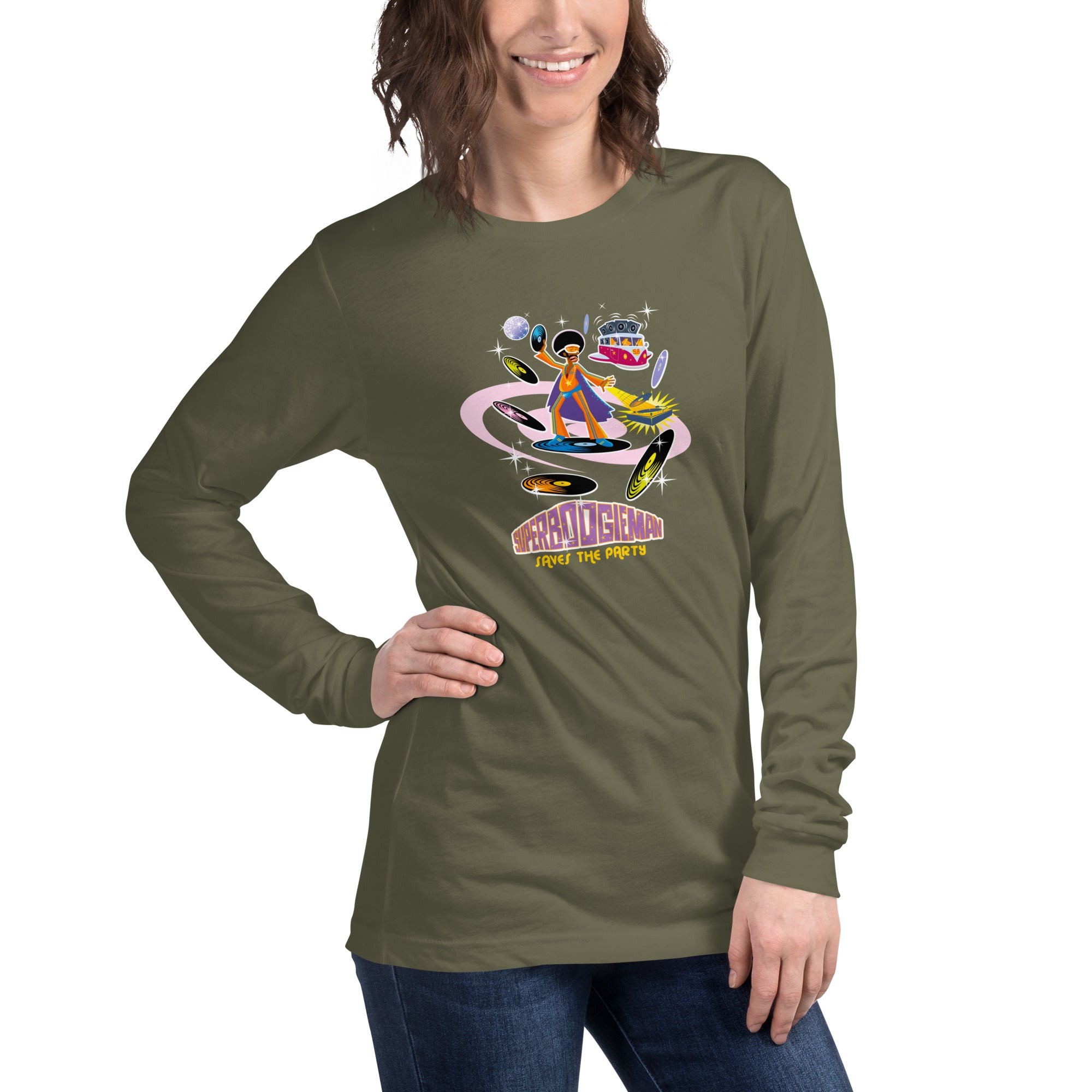 Unisex Long Sleeve Tee Superboogieman Saves the Party (front & back)