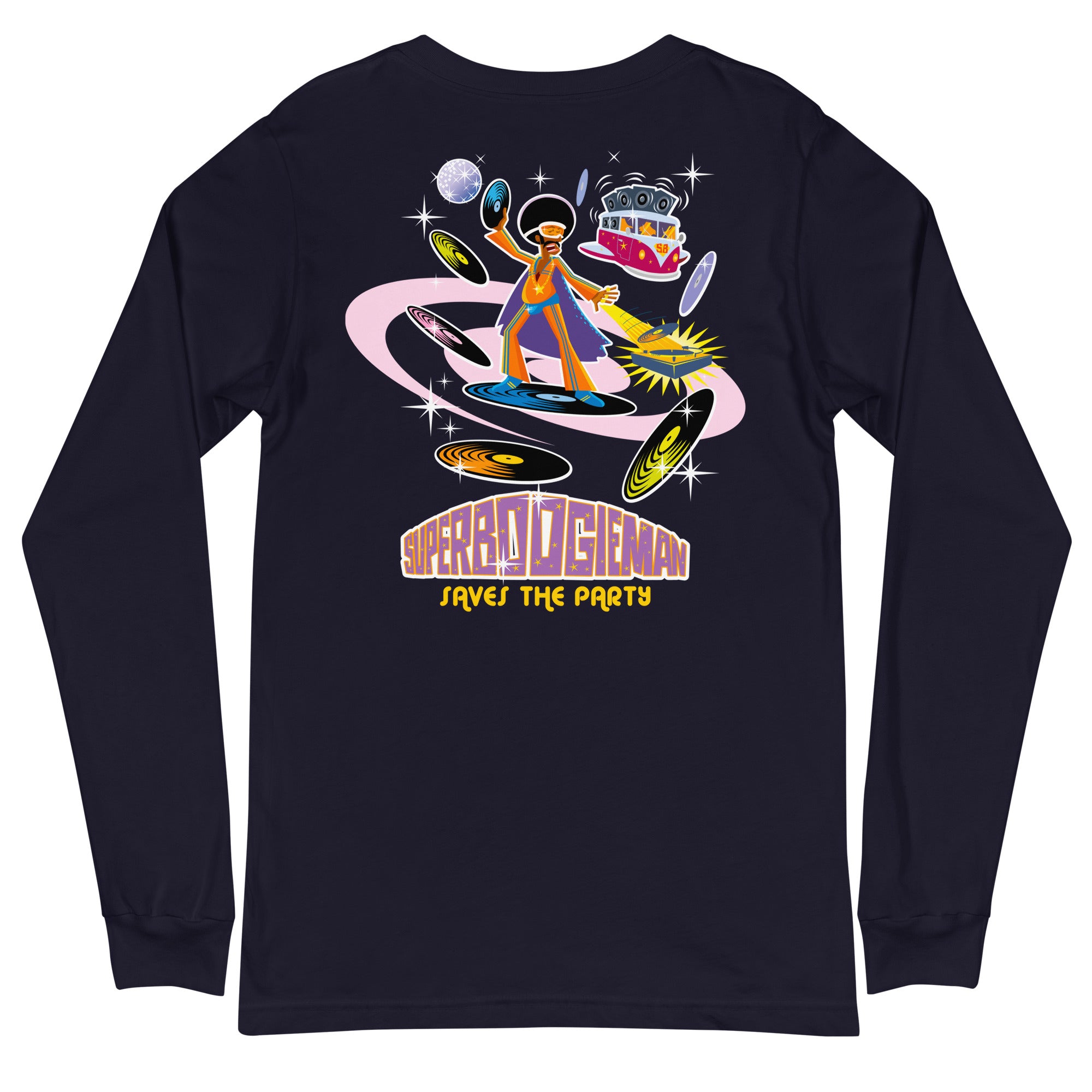 Unisex Long Sleeve Tee Superboogieman Saves the Party (front & back)