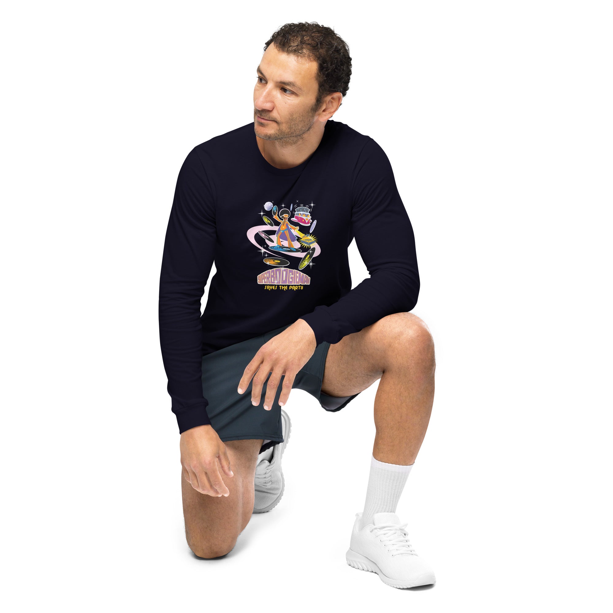 Unisex Long Sleeve Tee Superboogieman Saves the Party (front & back)