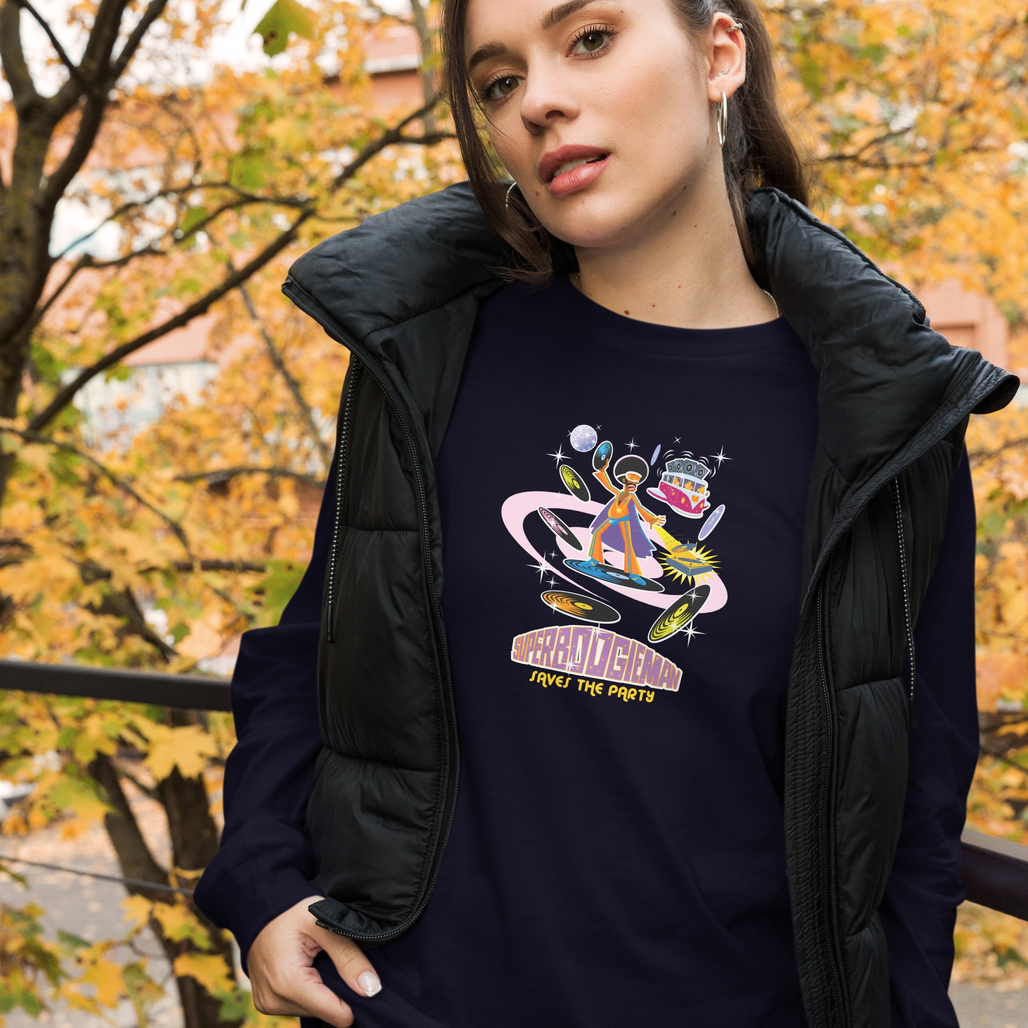 Unisex Long Sleeve Tee Superboogieman Saves the Party (front & back)