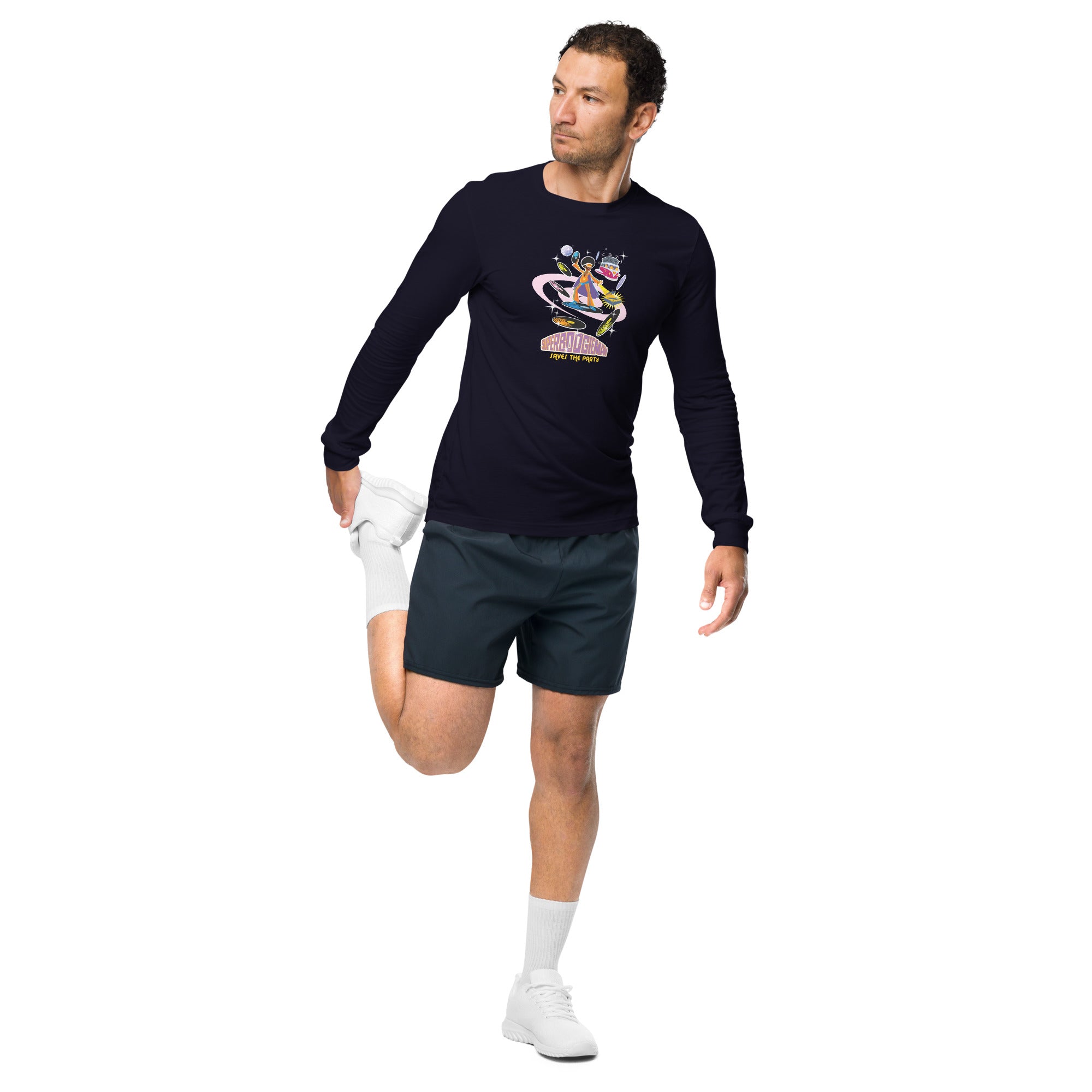 Unisex Long Sleeve Tee Superboogieman Saves the Party (front & back)
