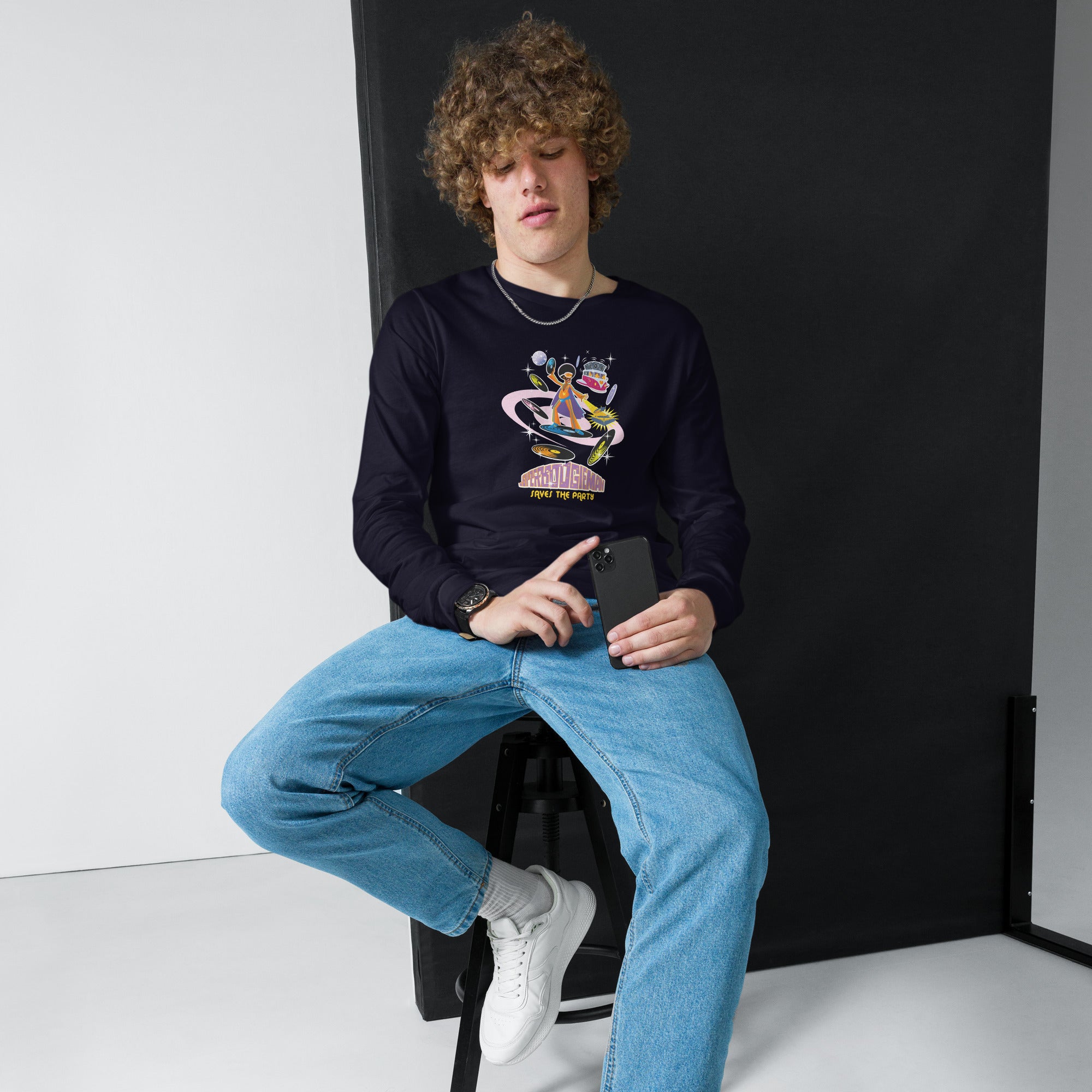 Unisex Long Sleeve Tee Superboogieman Saves the Party (front & back)