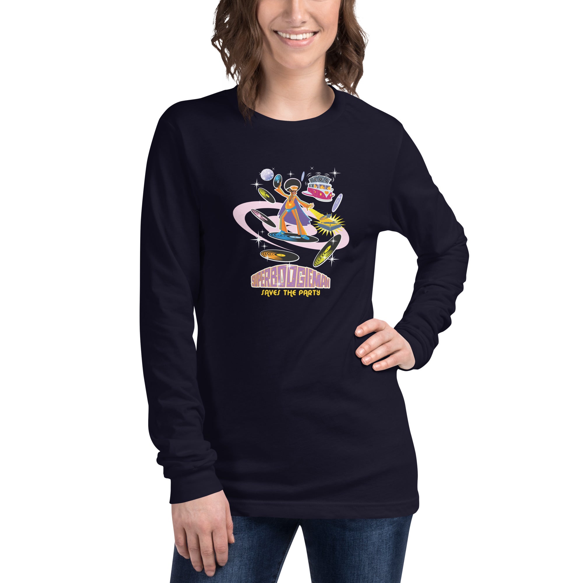 Unisex Long Sleeve Tee Superboogieman Saves the Party (front & back)