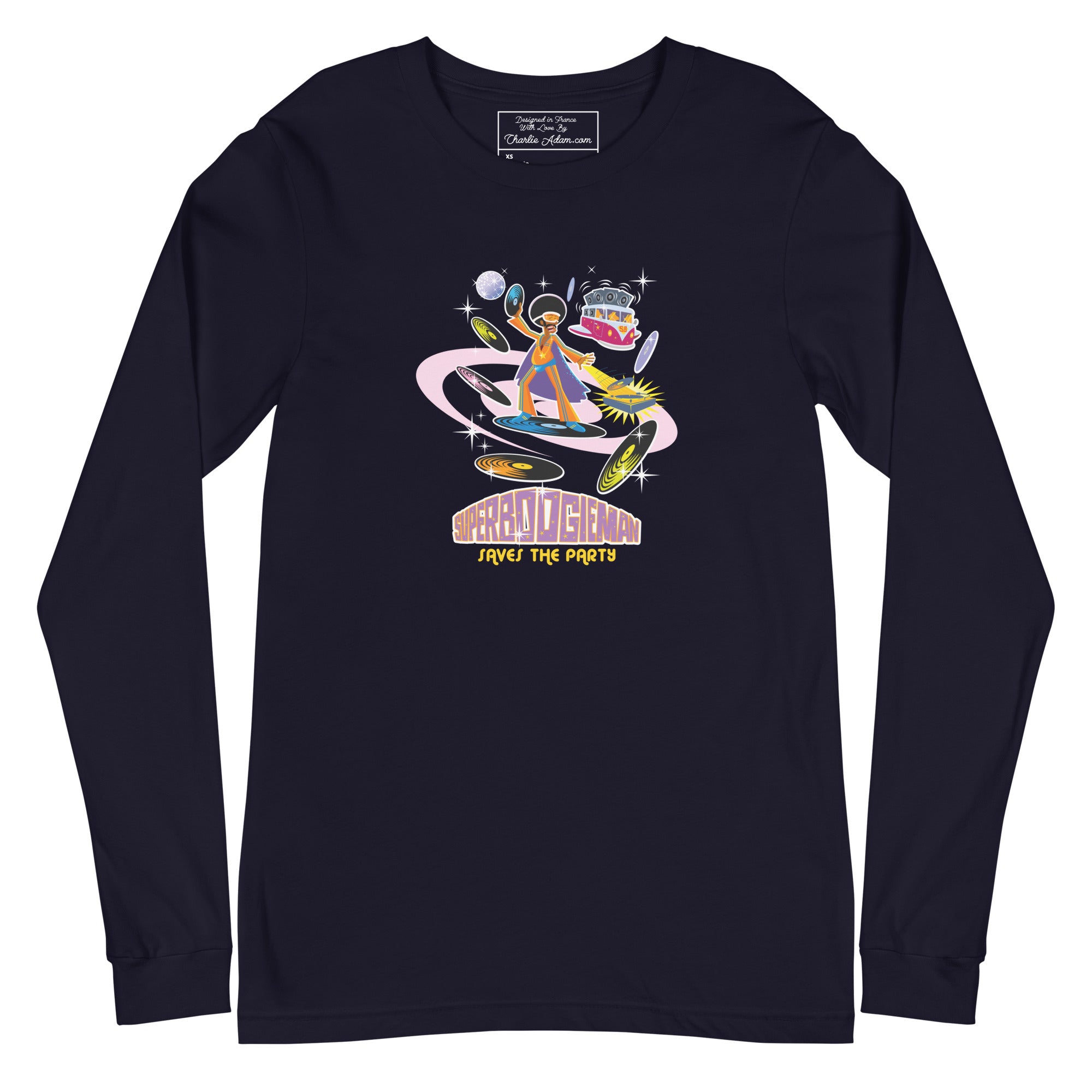 Unisex Long Sleeve Tee Superboogieman Saves the Party (front & back)