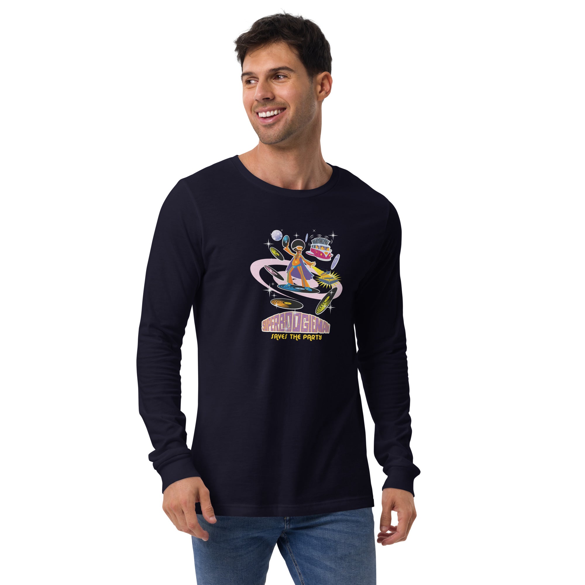 Unisex Long Sleeve Tee Superboogieman Saves the Party (front & back)