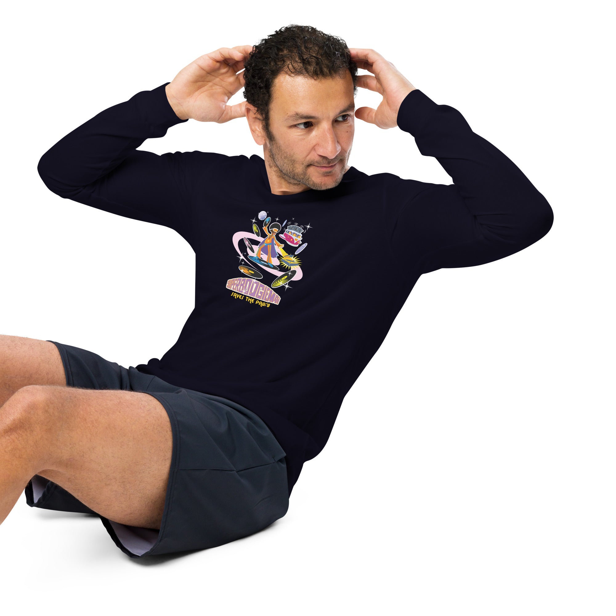 Unisex Long Sleeve Tee Superboogieman Saves the Party (front & back)