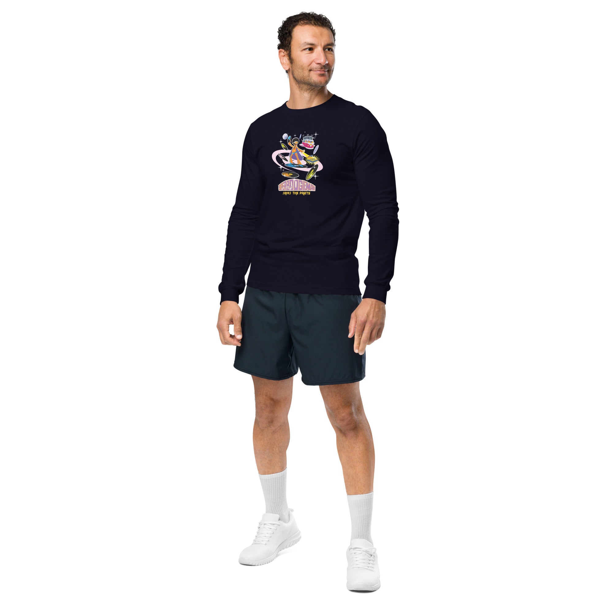 Unisex Long Sleeve Tee Superboogieman Saves the Party (front & back)