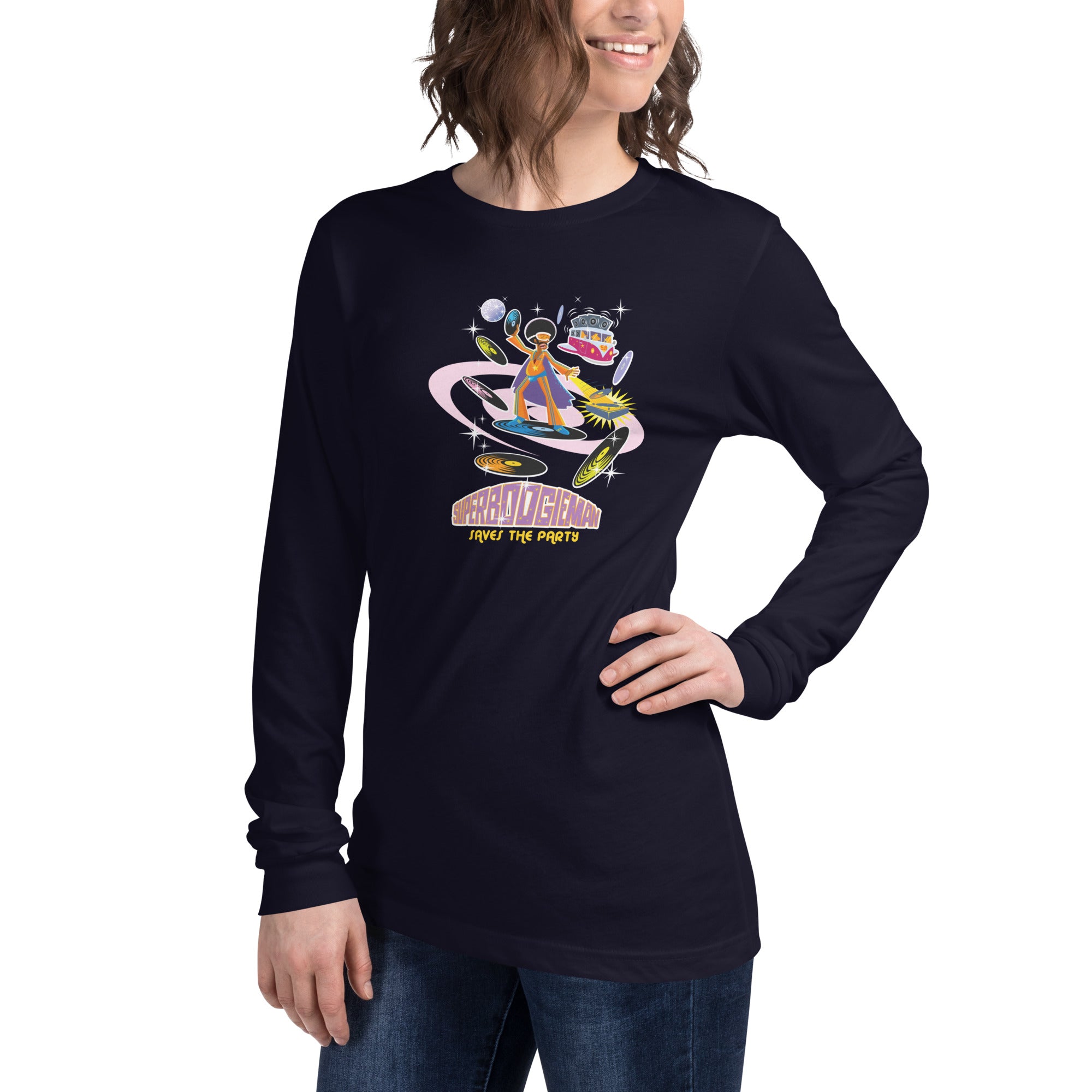 Unisex Long Sleeve Tee Superboogieman Saves the Party (front & back)