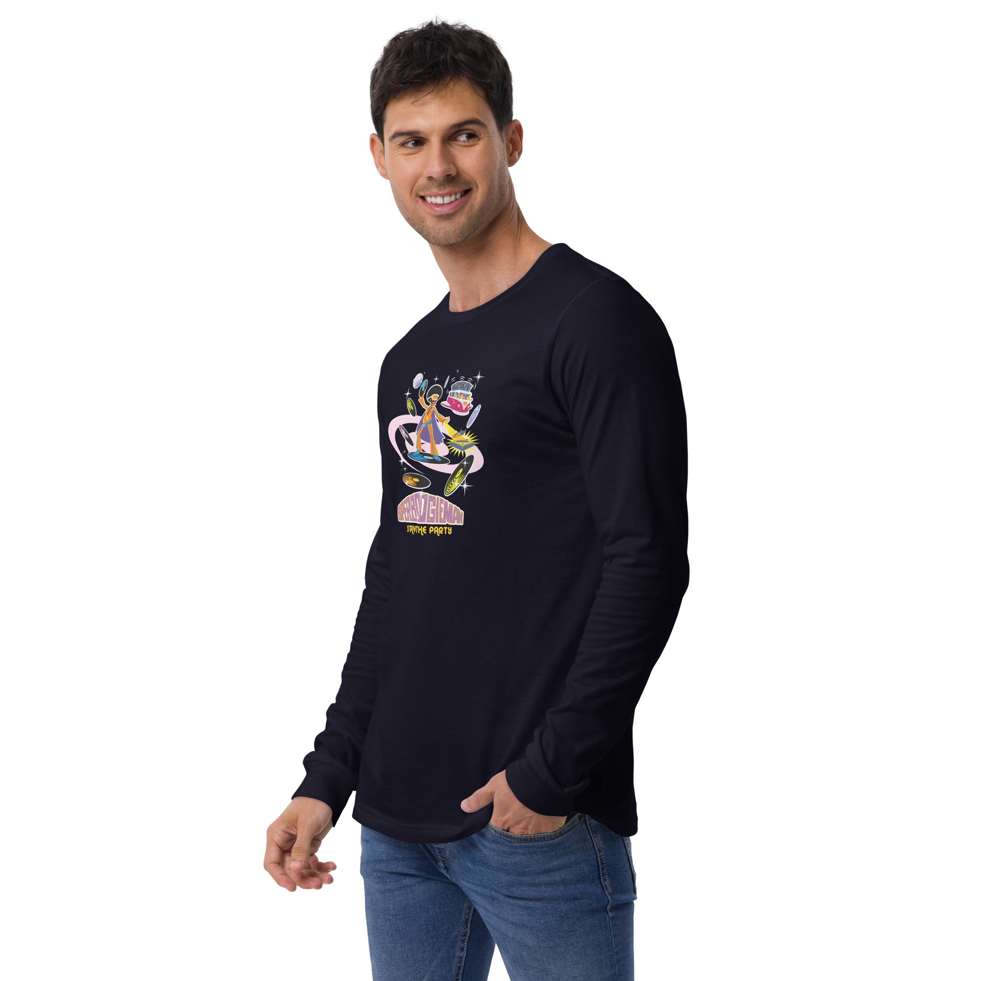 Unisex Long Sleeve Tee Superboogieman Saves the Party (front & back)