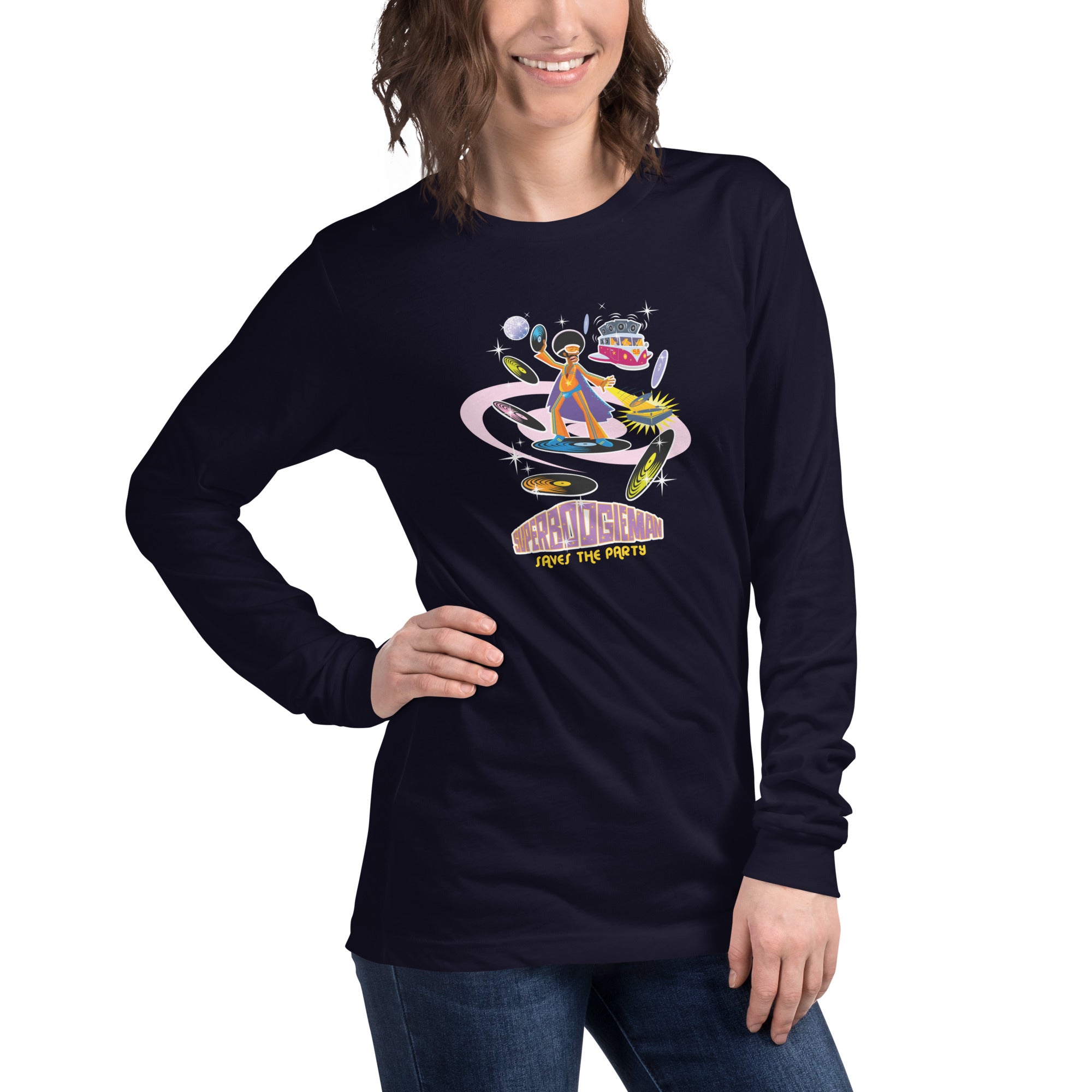 Unisex Long Sleeve Tee Superboogieman Saves the Party (front & back)