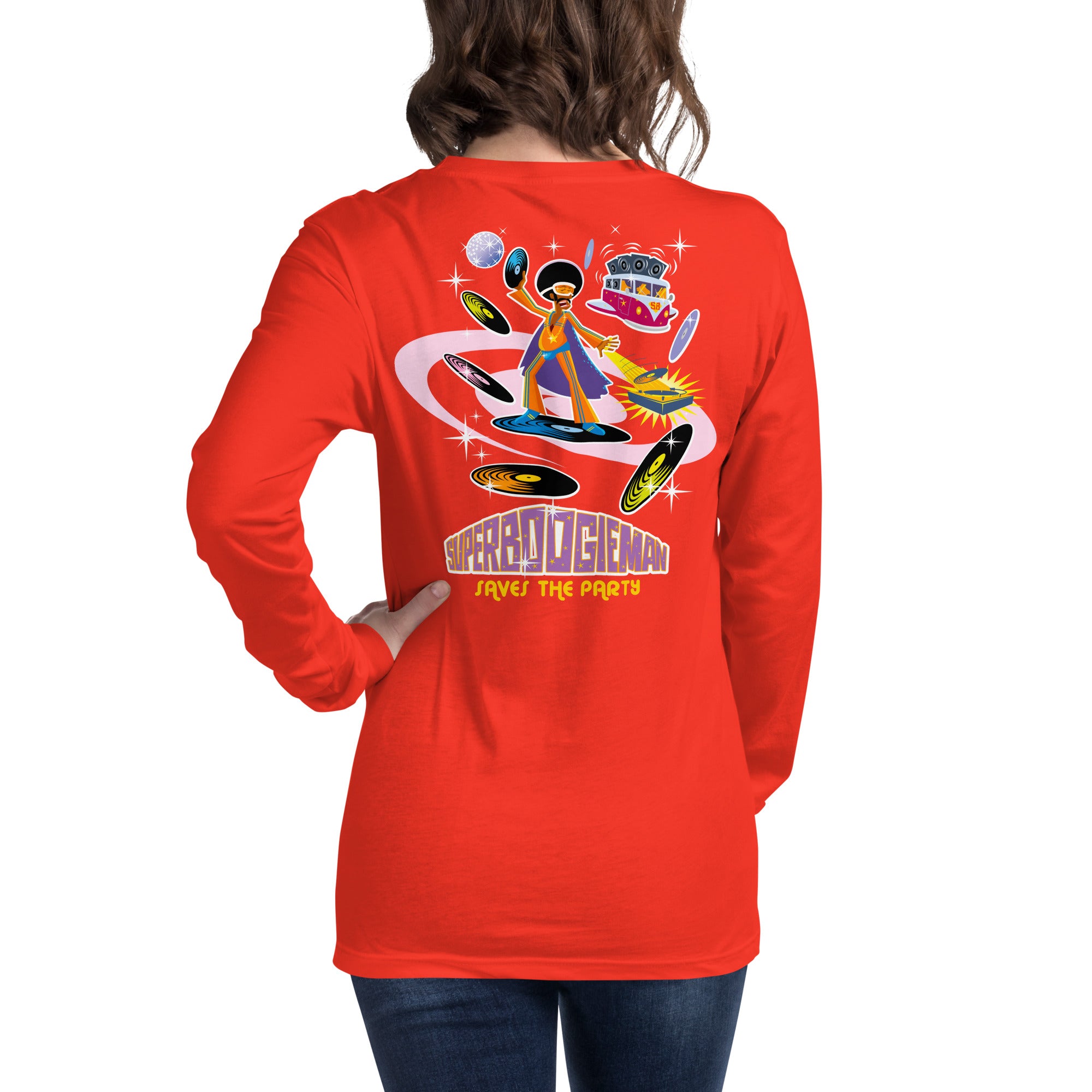 Unisex Long Sleeve Tee Superboogieman Saves the Party (front & back)