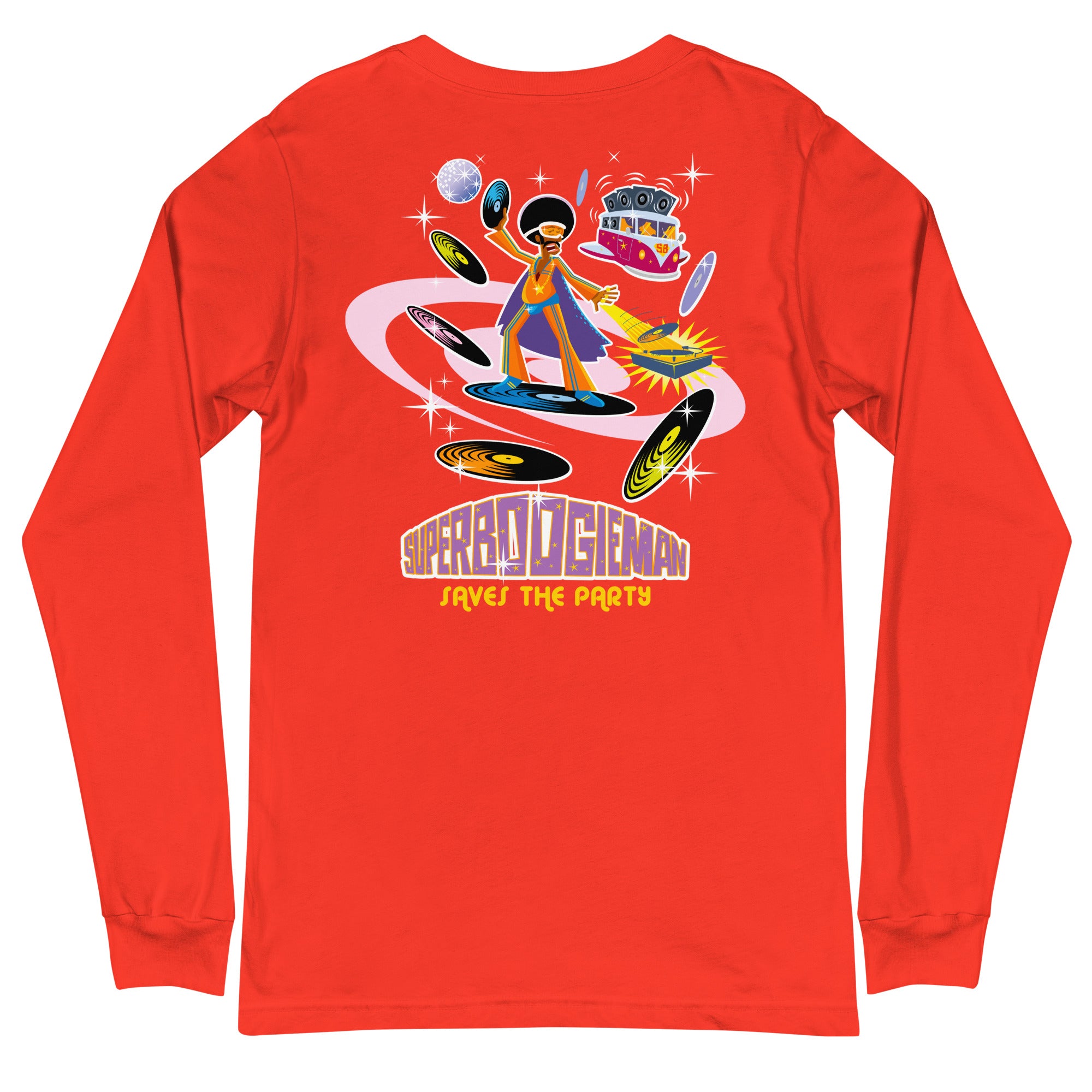 Unisex Long Sleeve Tee Superboogieman Saves the Party (front & back)