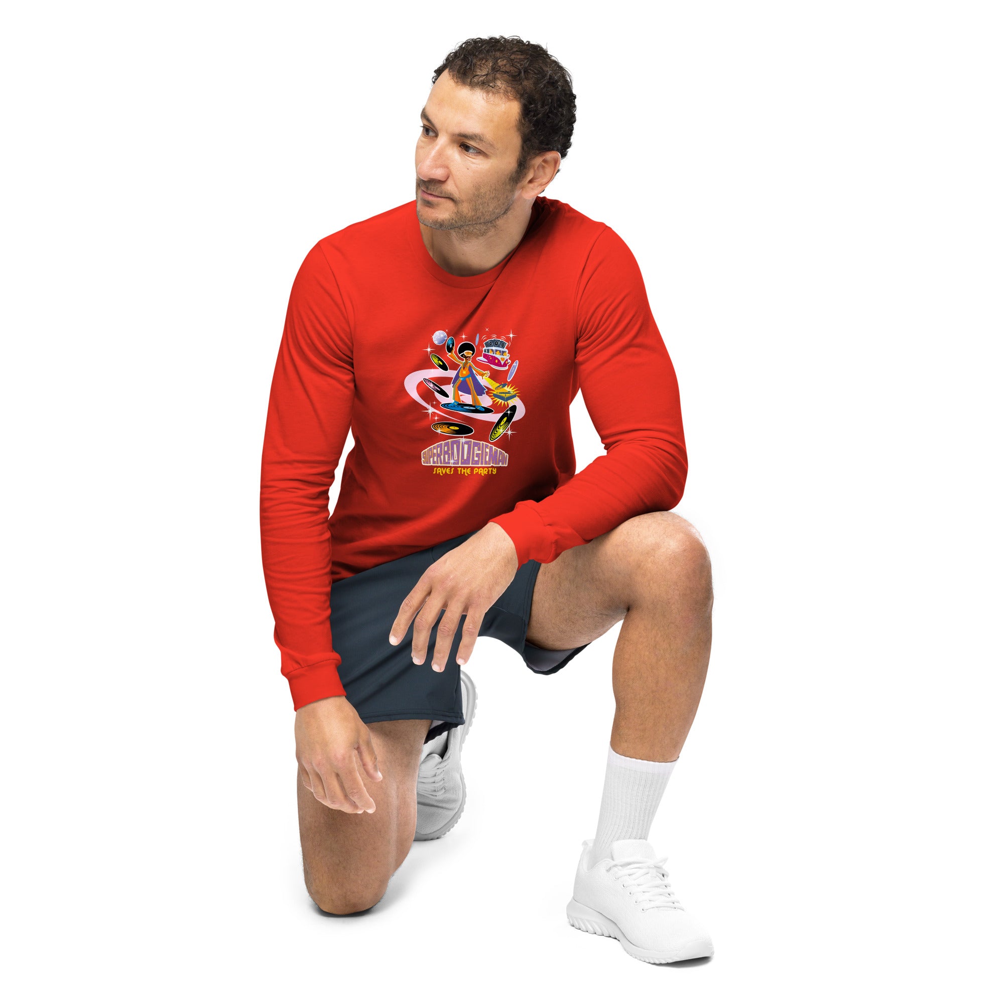 Unisex Long Sleeve Tee Superboogieman Saves the Party (front & back)