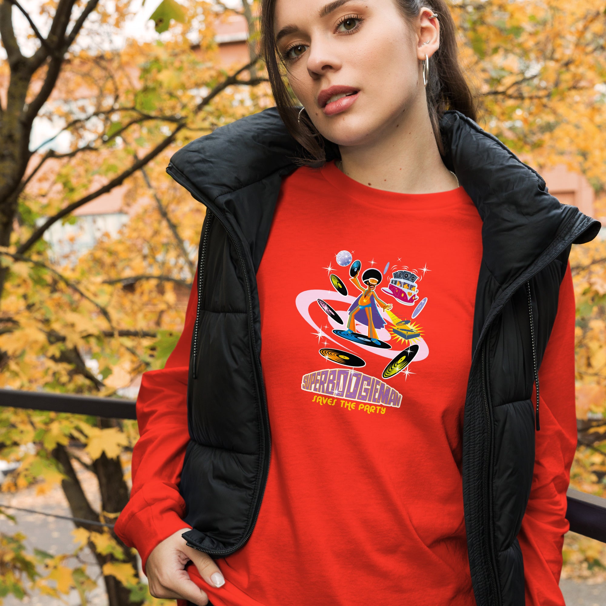 Unisex Long Sleeve Tee Superboogieman Saves the Party (front & back)