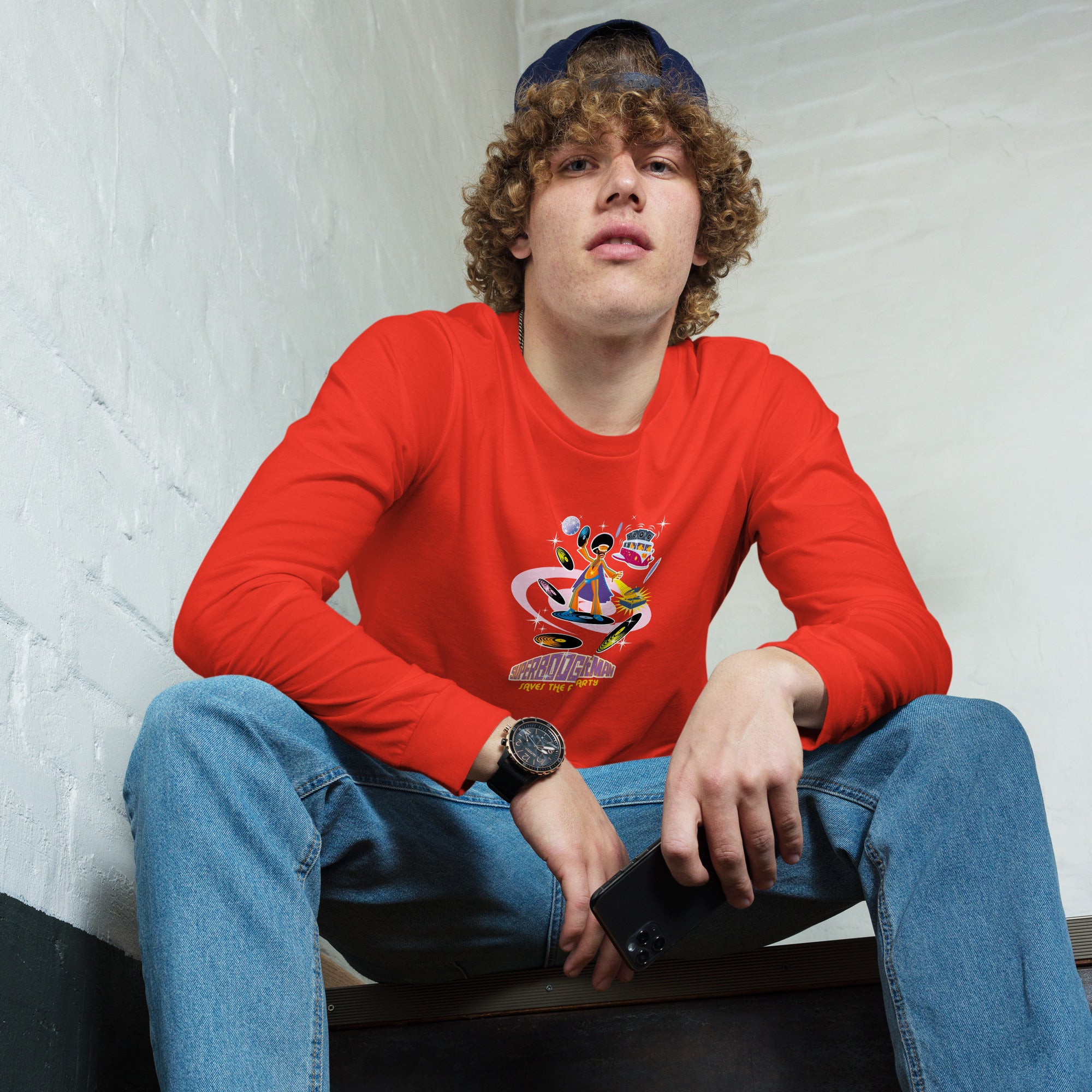 Unisex Long Sleeve Tee Superboogieman Saves the Party (front & back)