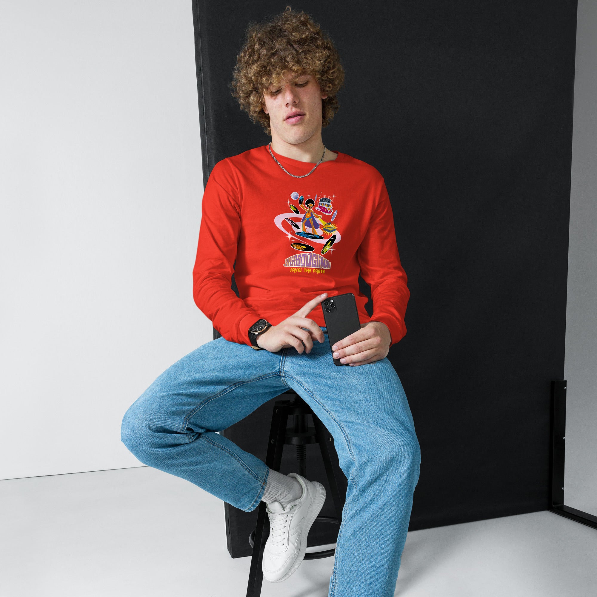 Unisex Long Sleeve Tee Superboogieman Saves the Party (front & back)