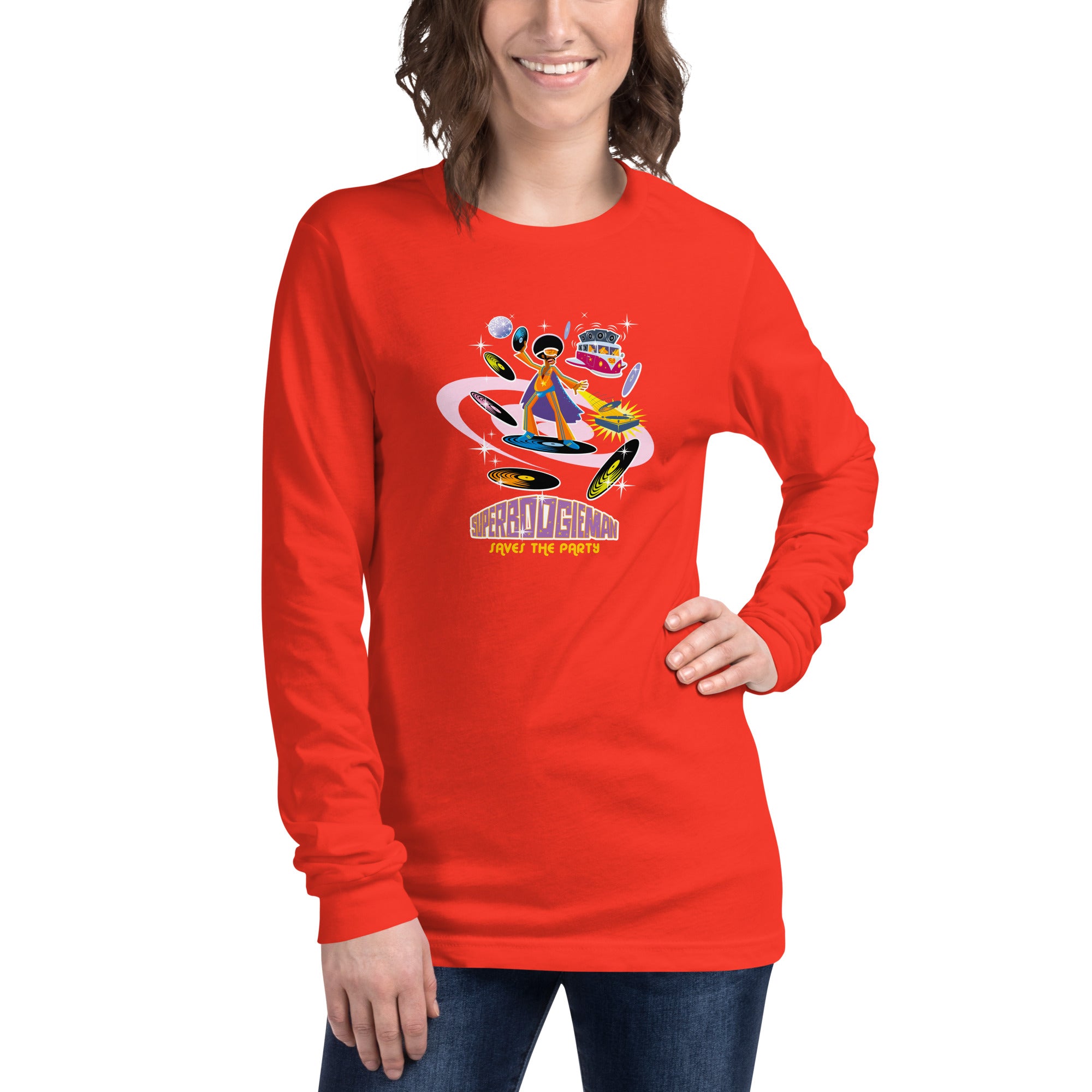 Unisex Long Sleeve Tee Superboogieman Saves the Party (front & back)