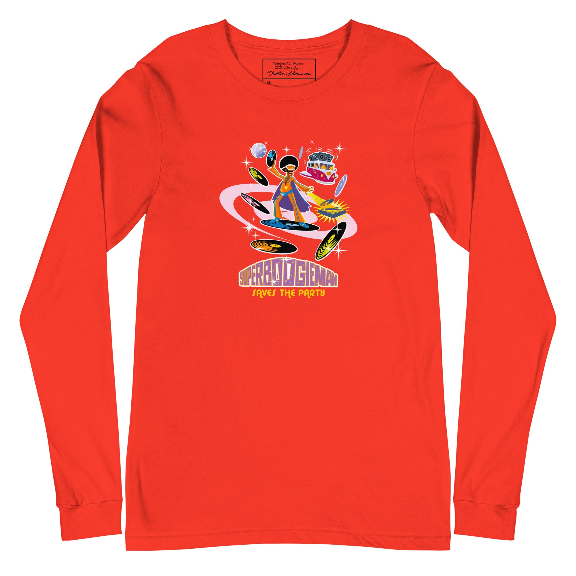 Unisex Long Sleeve Tee Superboogieman Saves the Party (front & back)