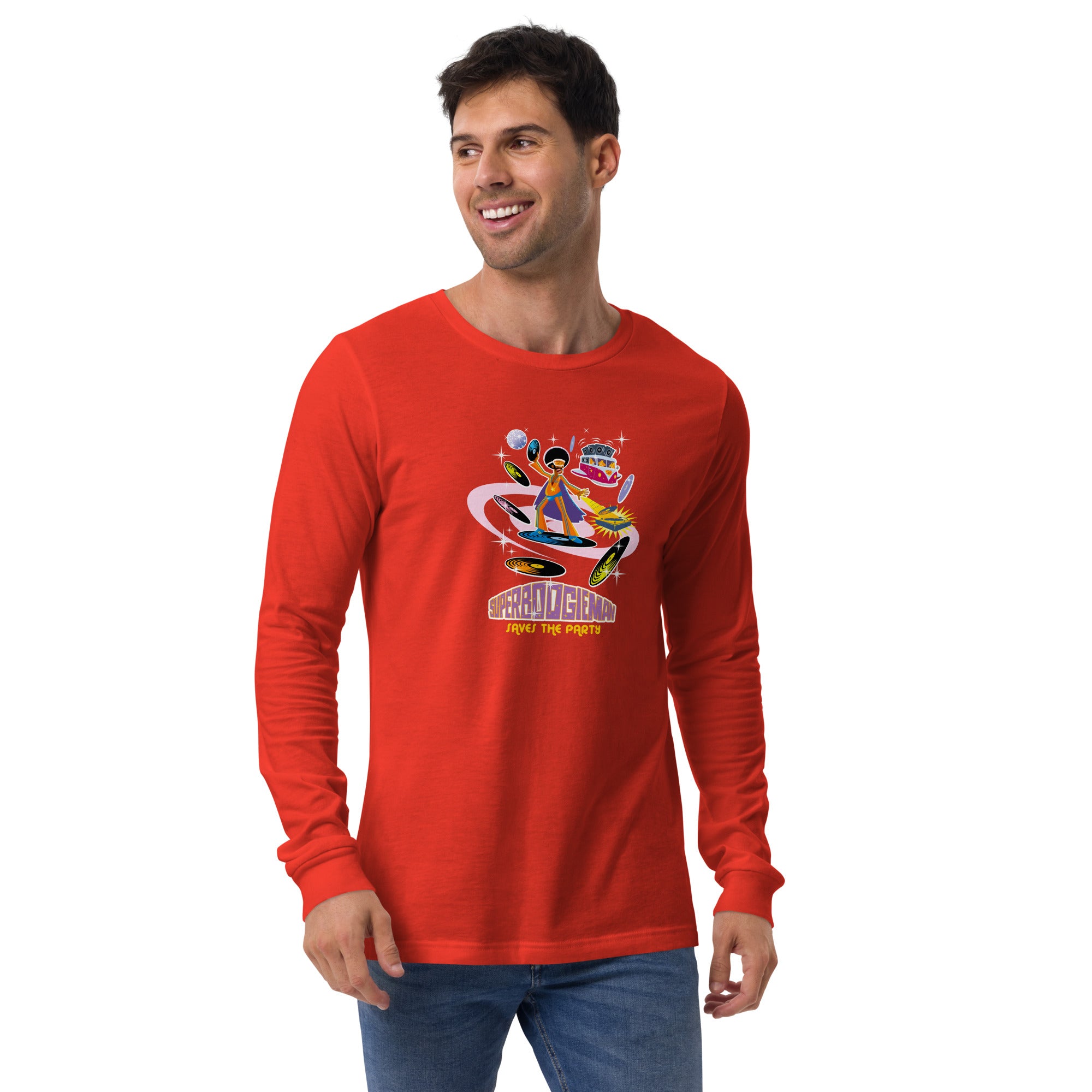 Unisex Long Sleeve Tee Superboogieman Saves the Party (front & back)