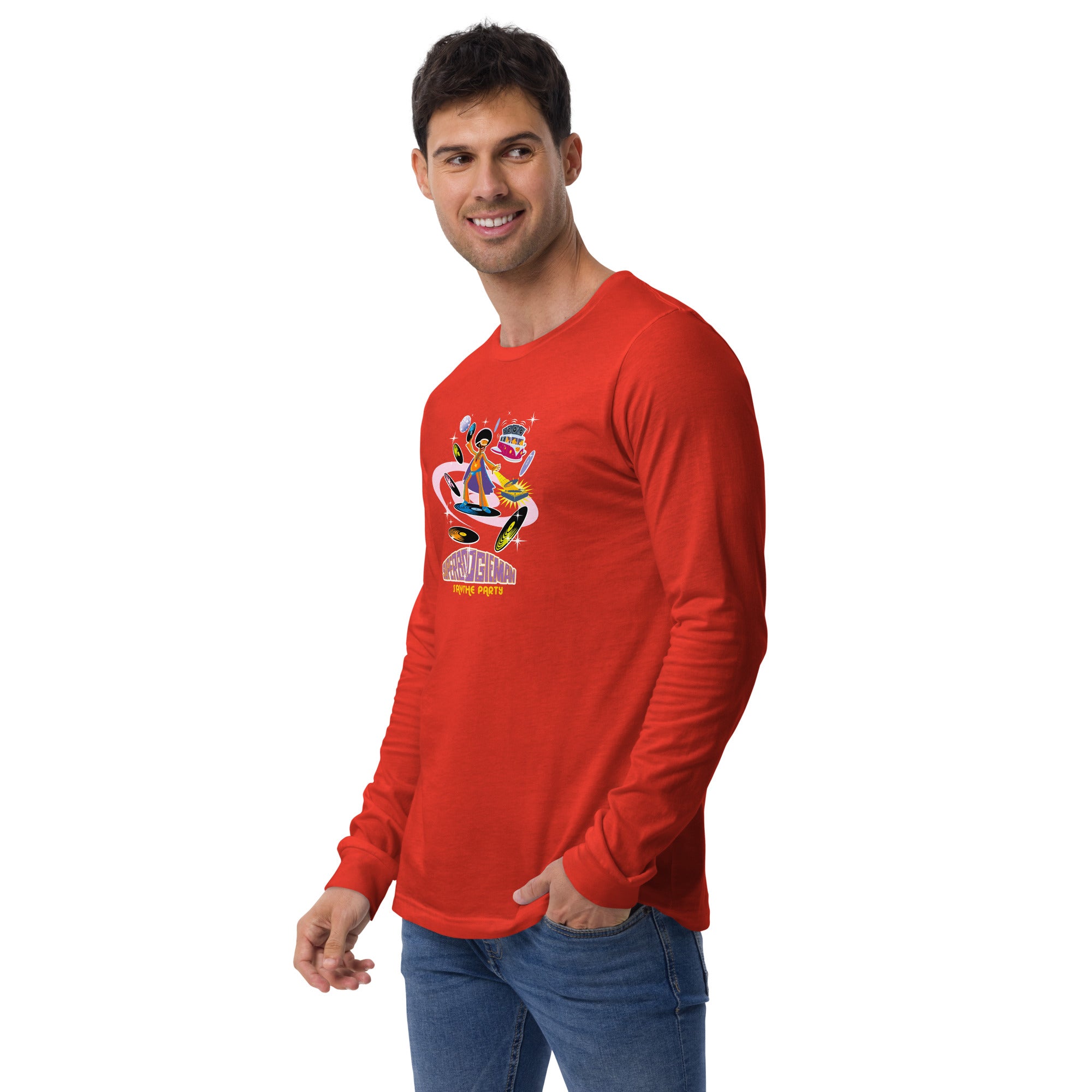 Unisex Long Sleeve Tee Superboogieman Saves the Party (front & back)