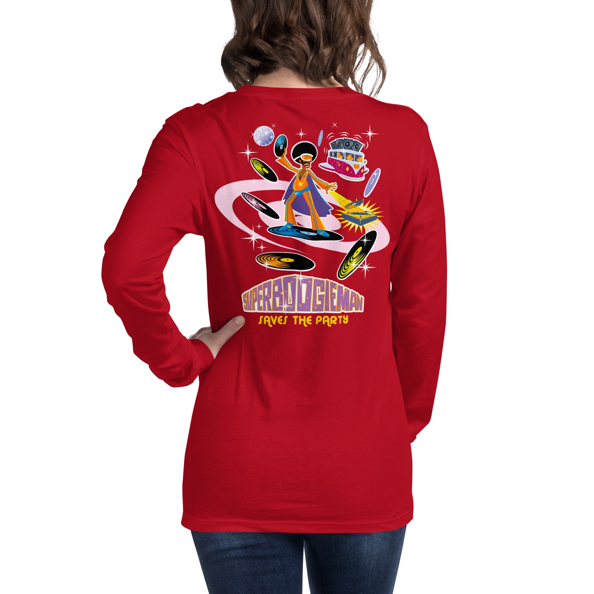Unisex Long Sleeve Tee Superboogieman Saves the Party (front & back)