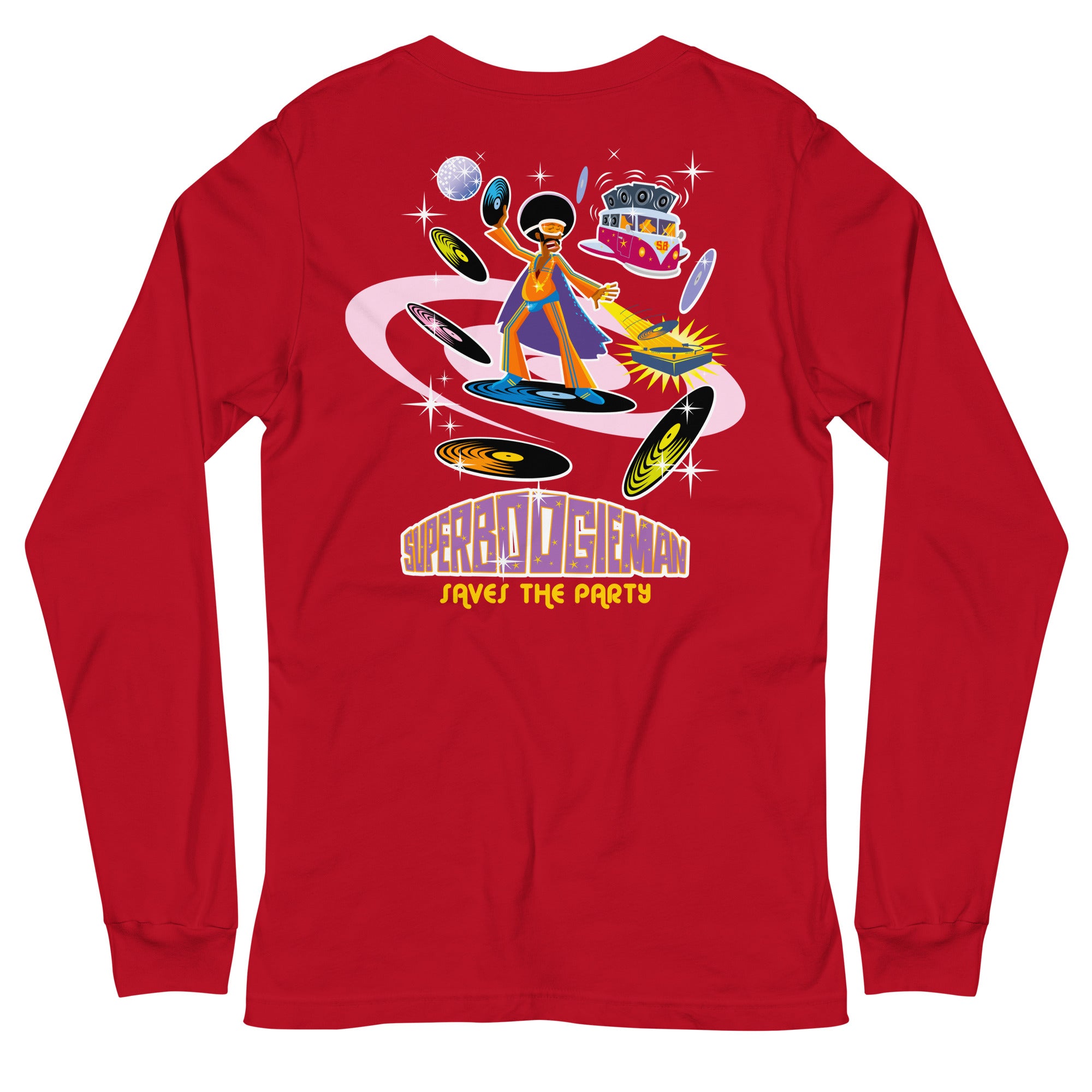 Unisex Long Sleeve Tee Superboogieman Saves the Party (front & back)
