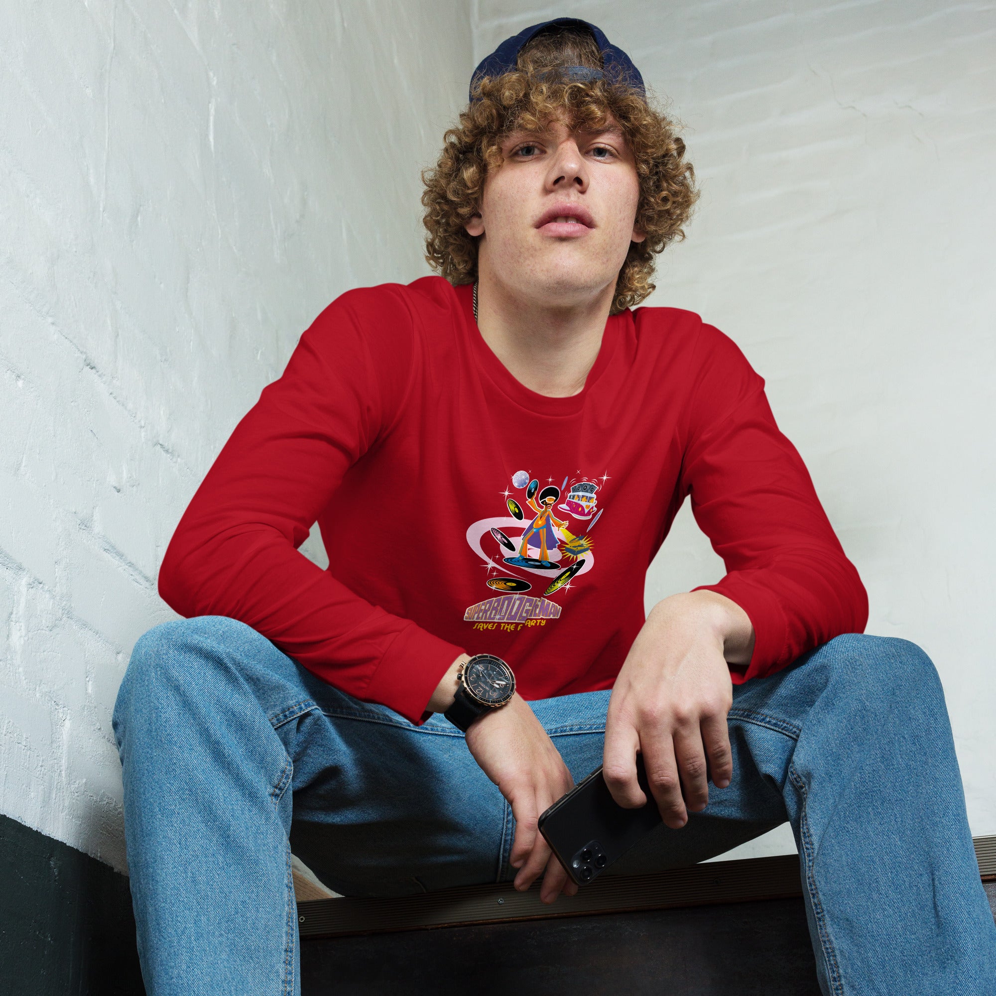 Unisex Long Sleeve Tee Superboogieman Saves the Party (front & back)