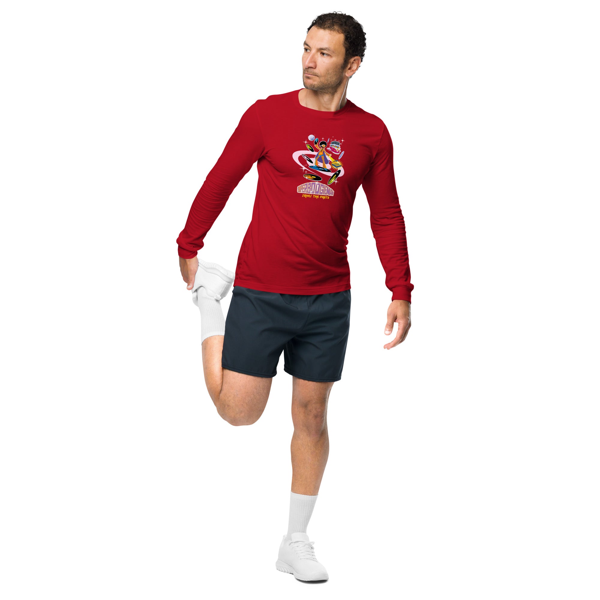 Unisex Long Sleeve Tee Superboogieman Saves the Party (front & back)