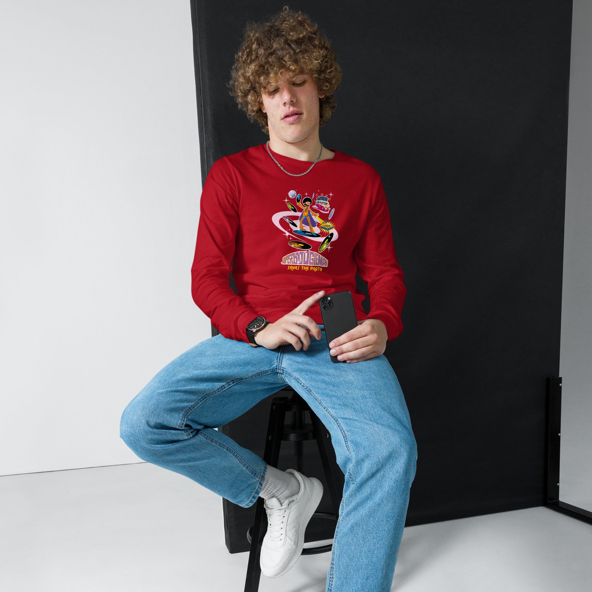 Unisex Long Sleeve Tee Superboogieman Saves the Party (front & back)