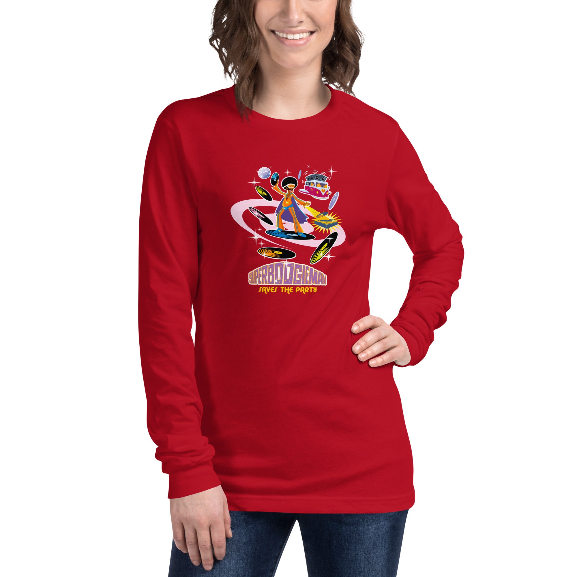 Unisex Long Sleeve Tee Superboogieman Saves the Party (front & back)